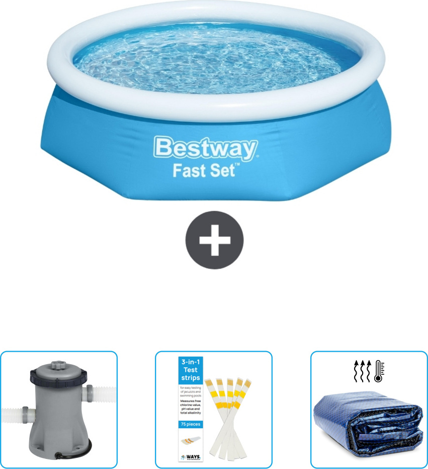 Bestway okrúhly nafukovací bazén Fast-Set - 244 x 61 cm - modrý - obsahuje pumpu - testovacie prúžky - slnečnú plachtu