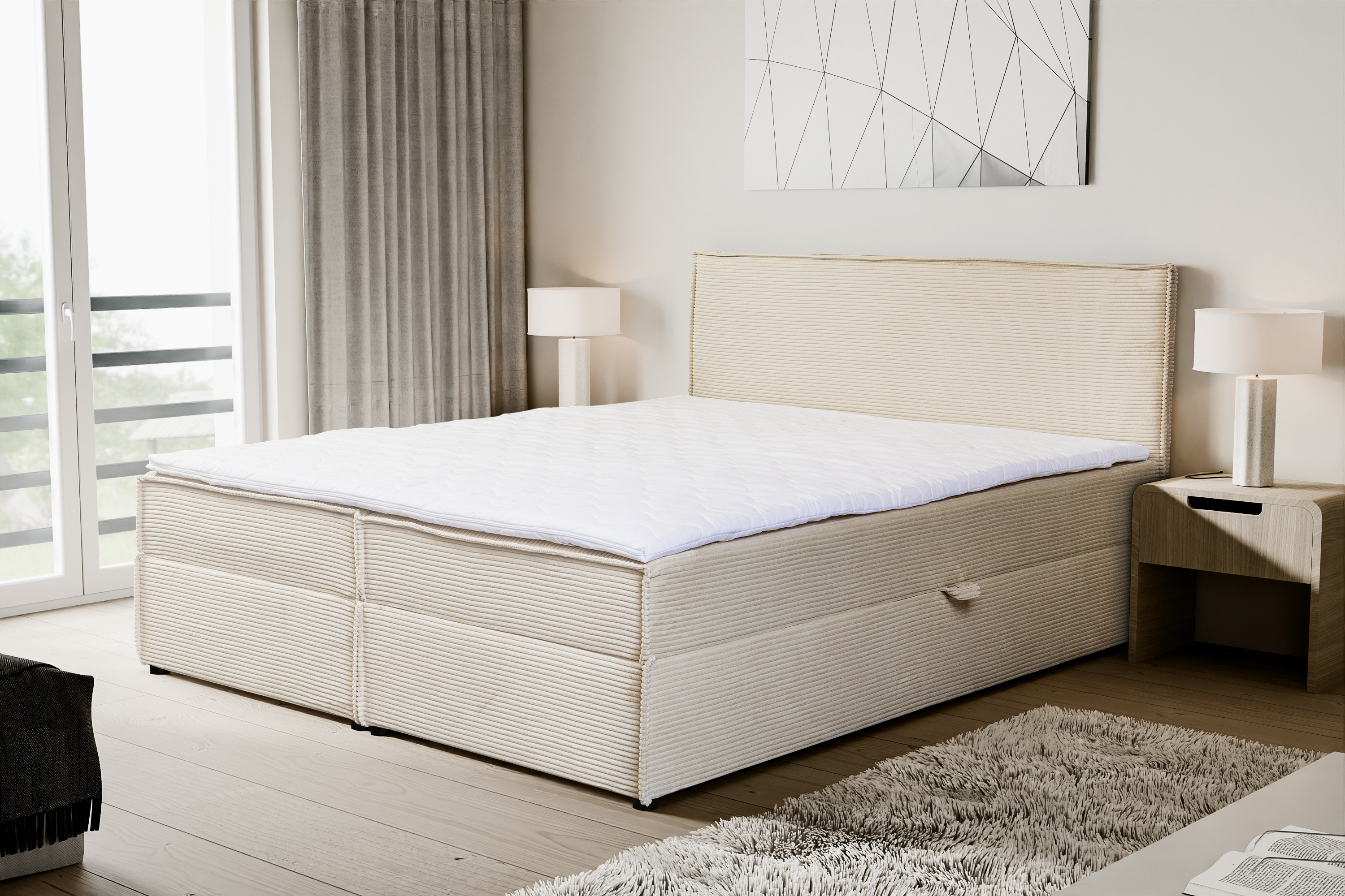 VENASI GLORIA Boxspringbett 140x200 mit Bettkästen H2/H3 Matratze BEIGE CORD