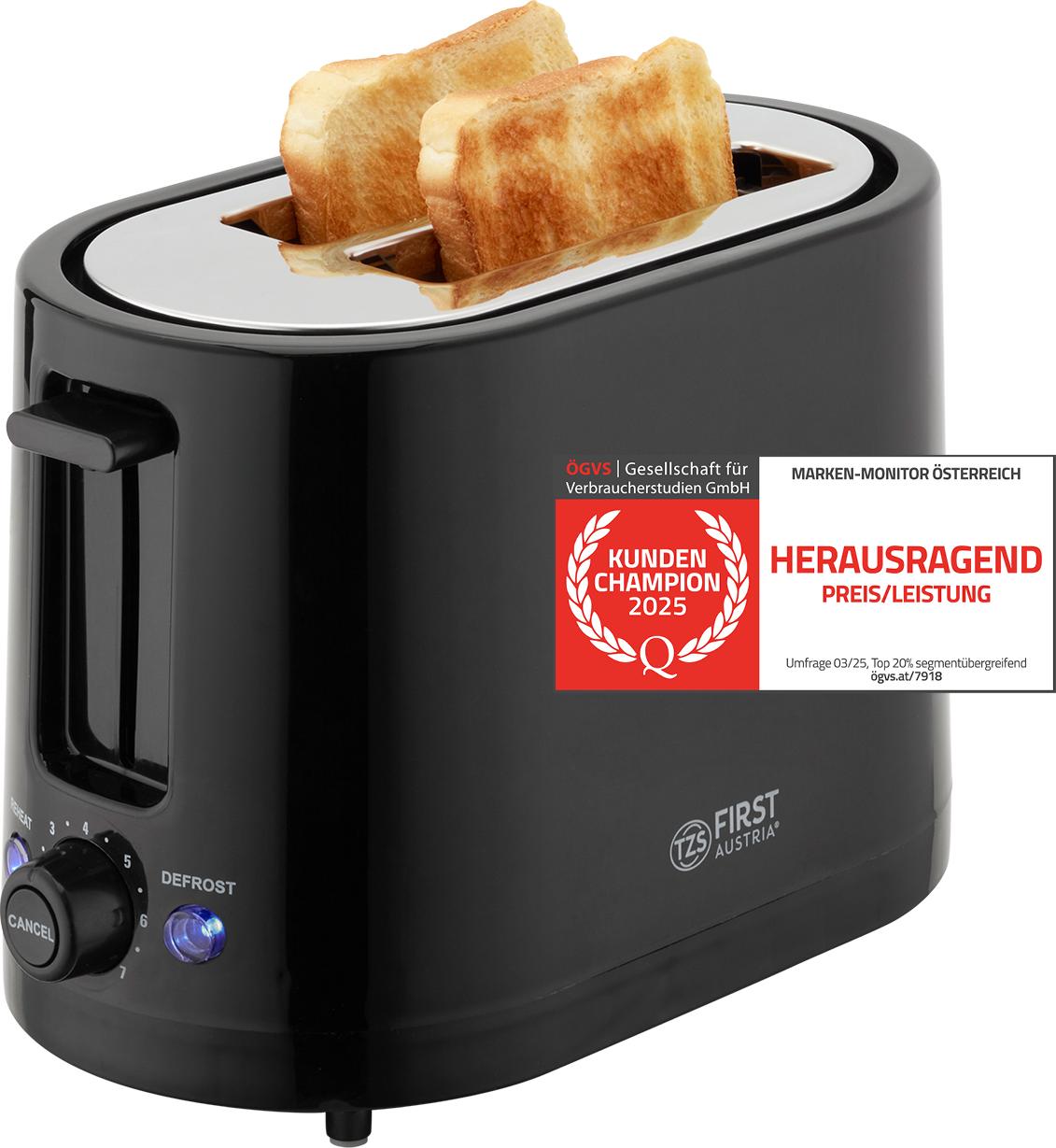 TZS First Austria Toaster, schwarz, 7 Stufen, Warmhalte-