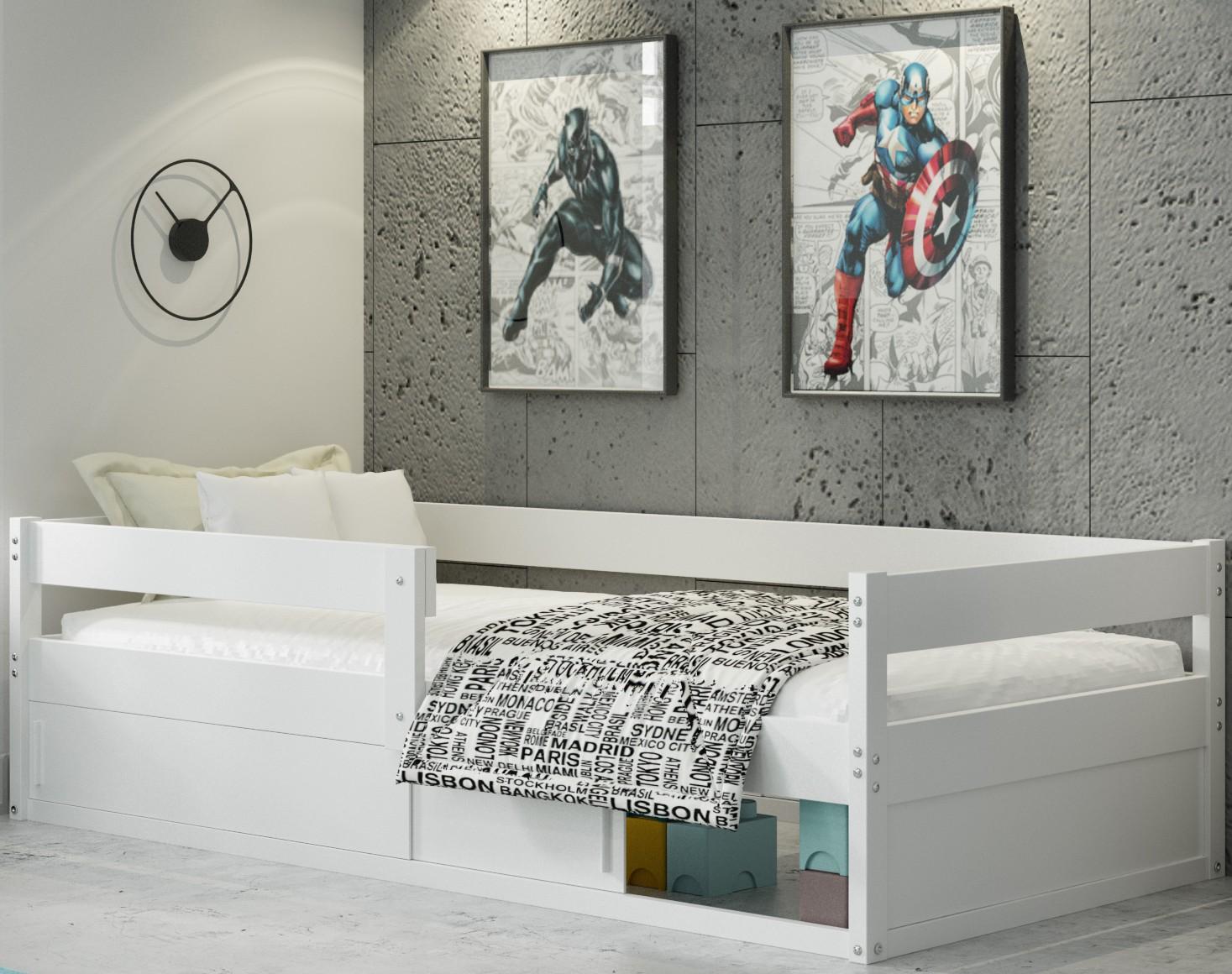 BMS Group Sawomir Pegza Interbeds Kinderbett Montessori Einzelbett 160x80cm Bodenbett Kiefernholz Naturholz mit Lattenrost und Rausfallschutz