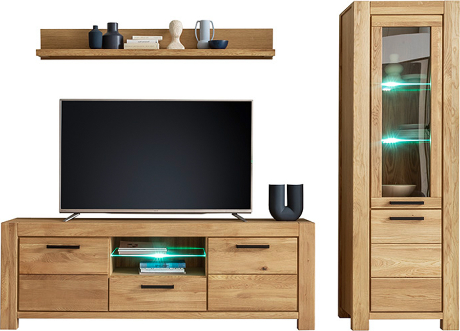 Lomadox Wohnwand braun SELISTE-06 Wildeiche teilmassiv geölt 3-teilig mit Beleuchtung LA06-SELISTE-06-SET29