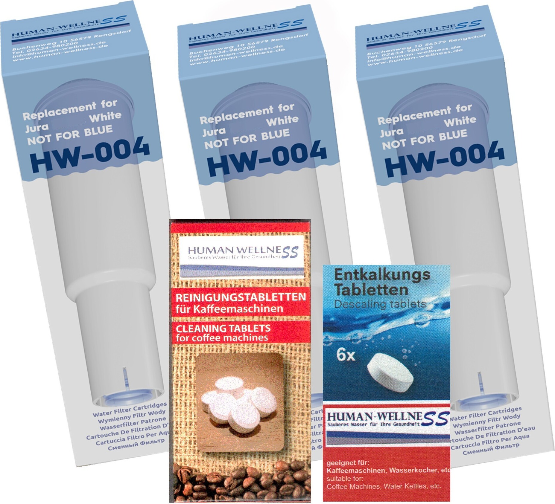 Human-Wellness Pflegeset 3 x Wasserfilter HW-004 für Jura white + Pflegeprodukte