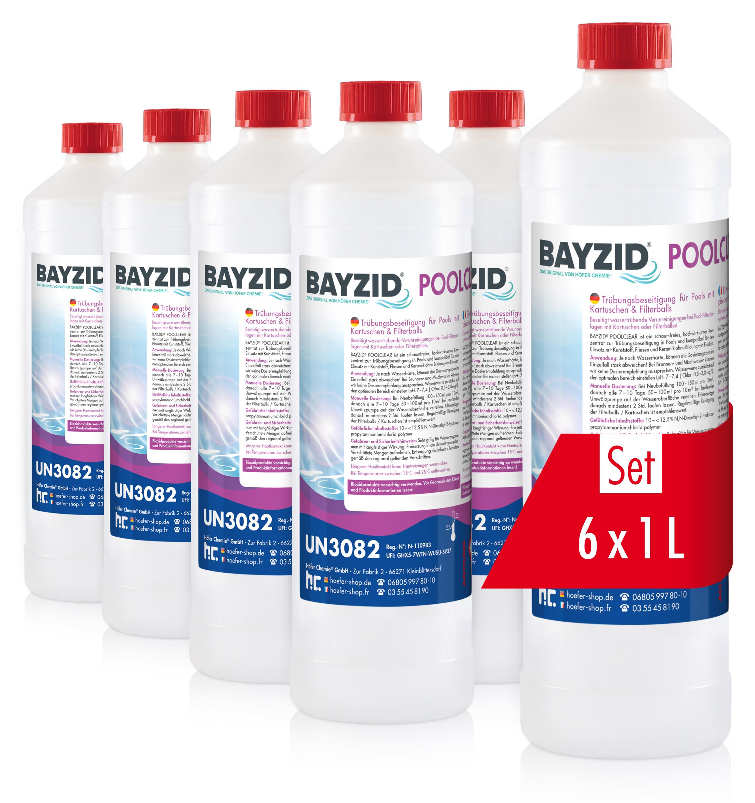 Höfer Chemie 6x1 L BAYZID® Poolclear Trübungsbeseitigung für Pool-Filter mit Kartuschen & Filterballs
