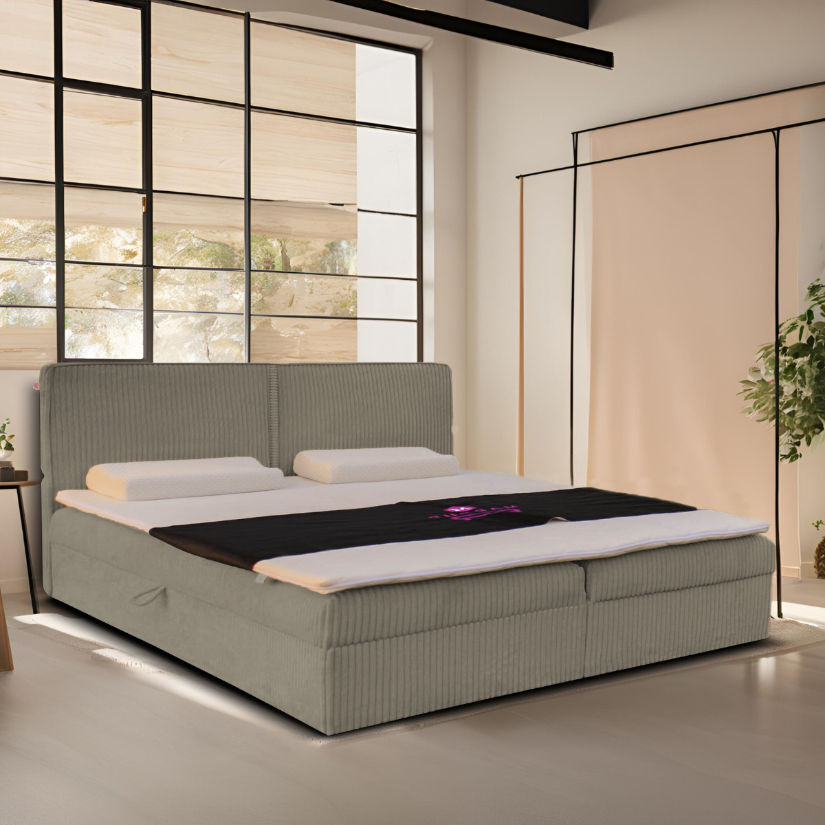 Prírodná čalúnená posteľ s čelom, 120x200 cm, kontinentálna manželská posteľ, látka na kábli: sivá