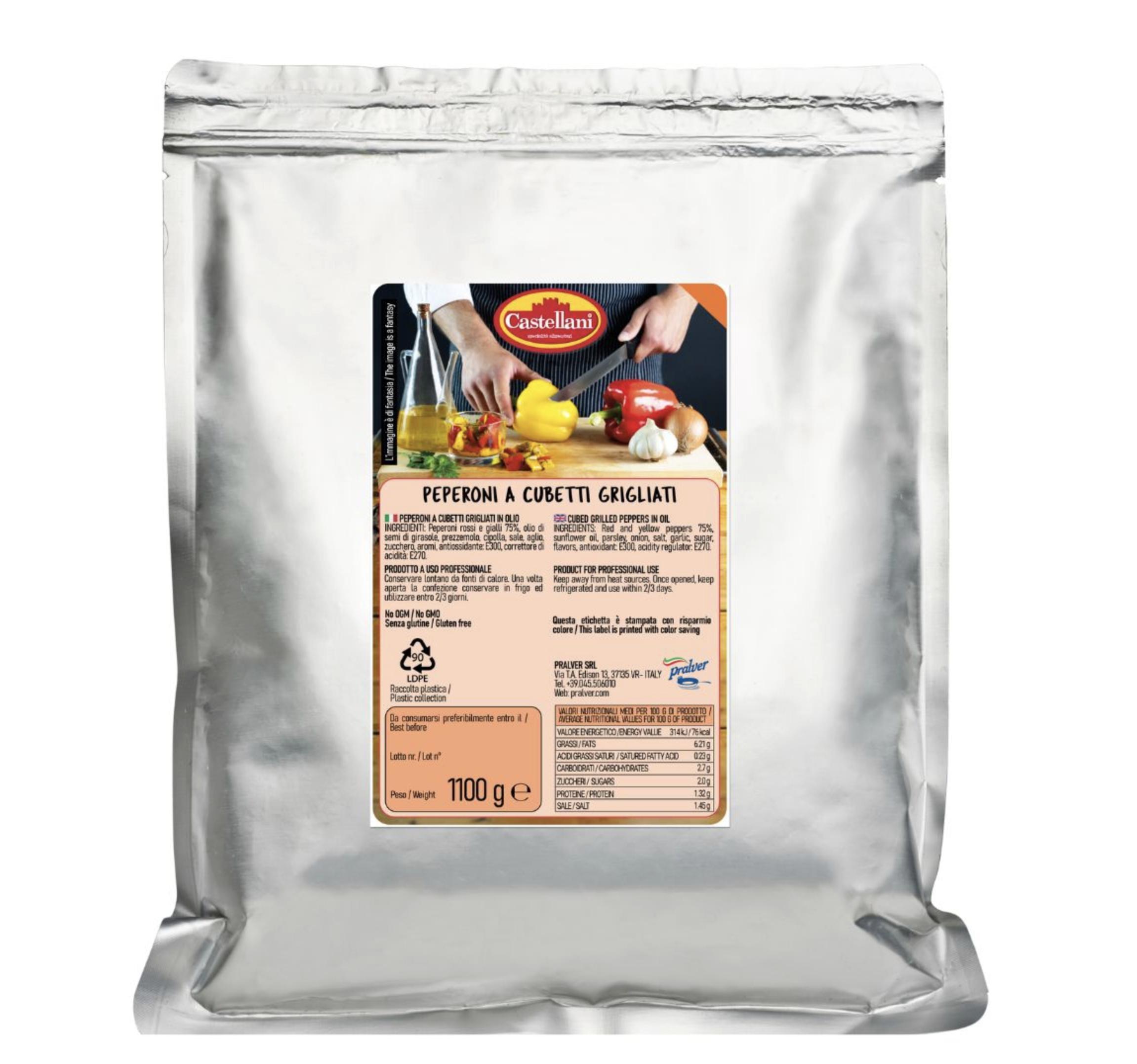 Win2Win Tech Castellani - Gegrillte rote und gelbe Paprikawürfel 2x2 cm - in Öl eingelegt 1,1 kg Beutel 80529