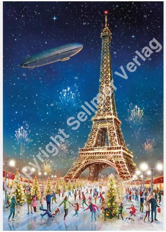 Adventný kalendár A3 Paríž s trblietkami a nostalgickým motívom mesta