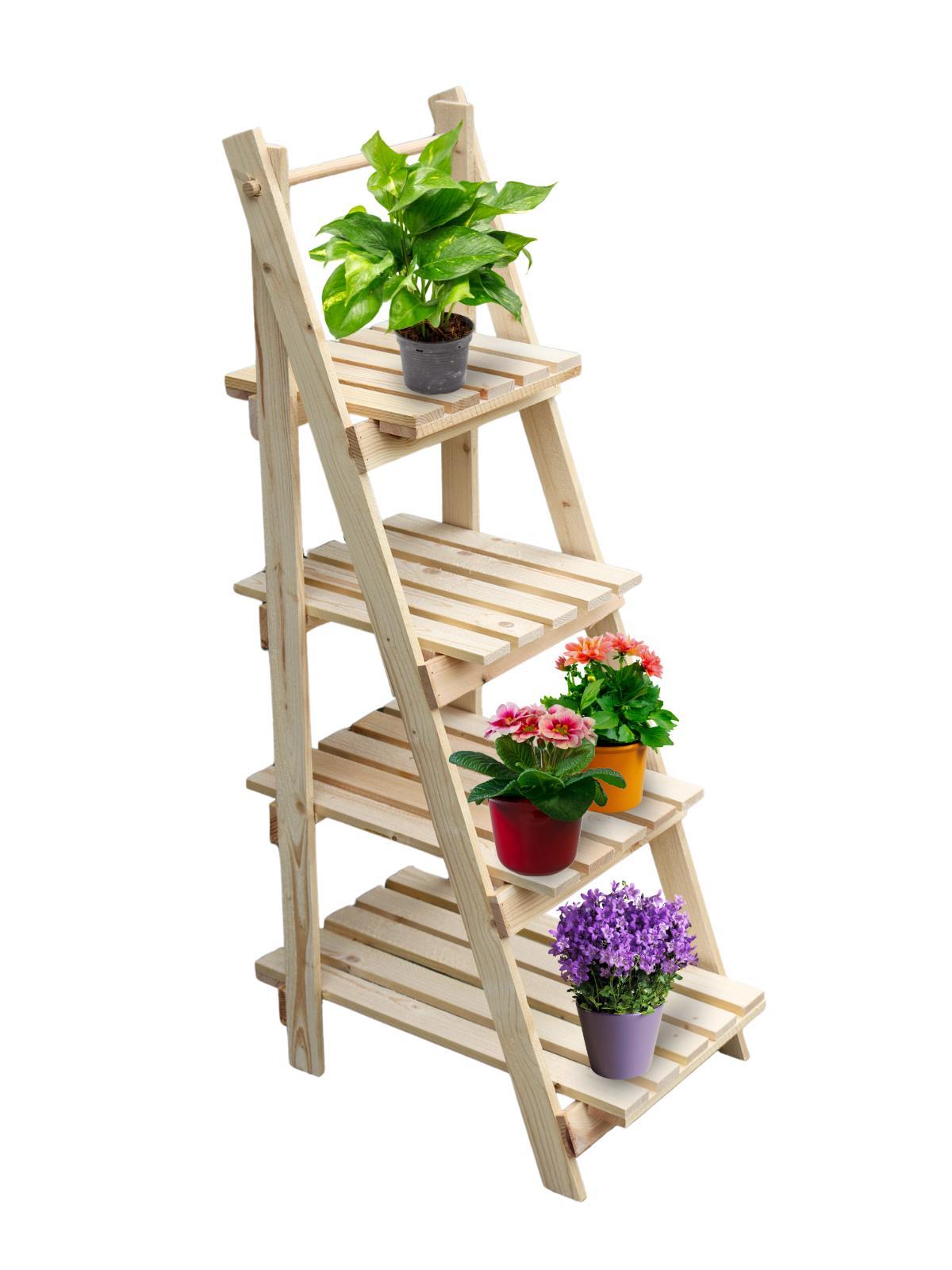 holz4home® Pflanzleiter mit 4 Ablagen I Größe: 52,5 x 109 x 35 cm I Blumentreppe aus Tannenholz hell I Blumenregal Leiter Dekoleiter Garten Terrasse