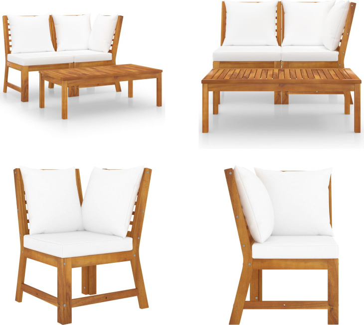 vidaXL 3 tlg. Garten Lounge Set mit Creme Kissen Akazie Massivholz - Garten-Lounge-Set - Garten-Lounge-Sets - Gartenmöbel - Gartenmöbel Set