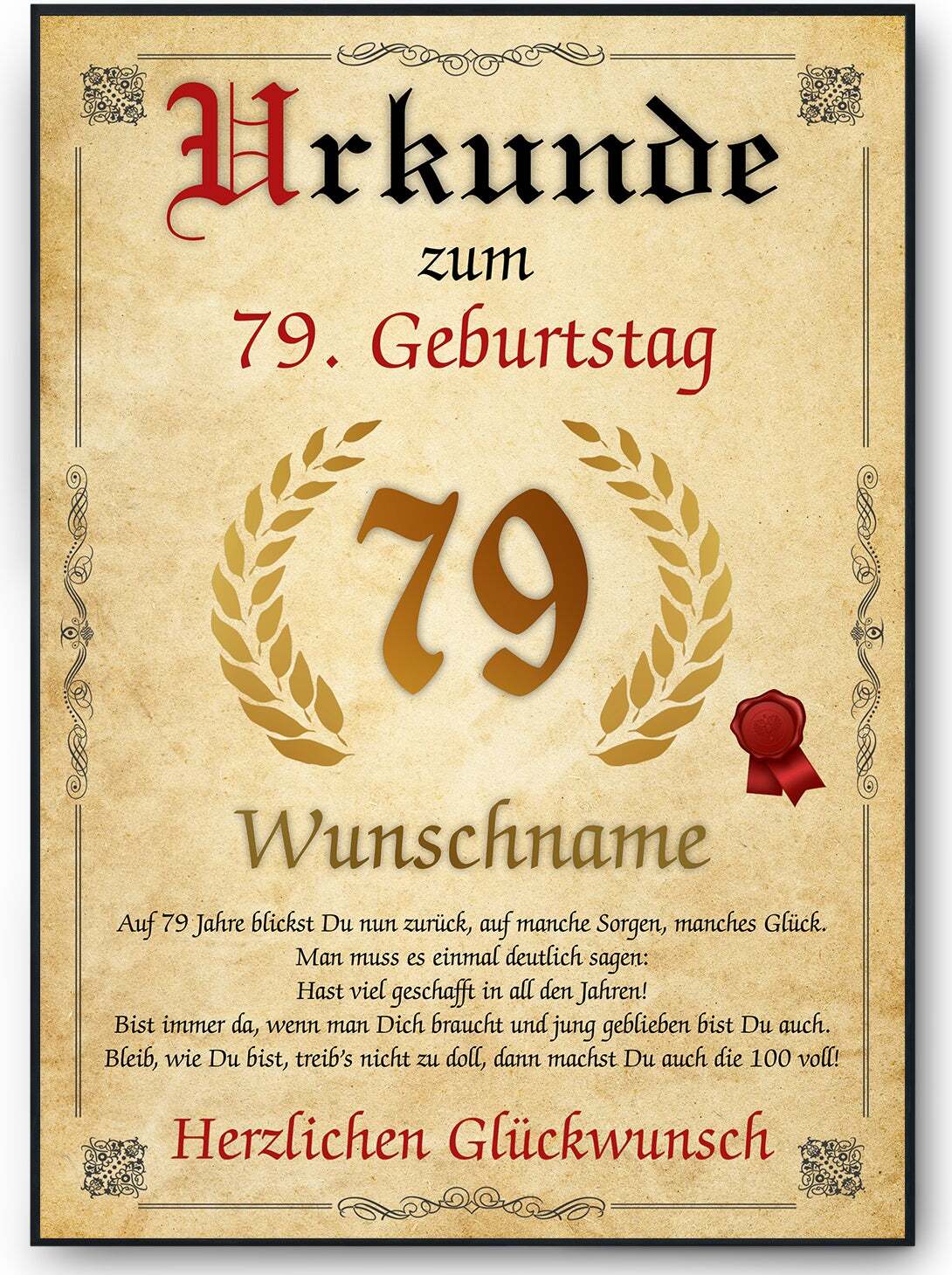 Tigerlino® Urkunde zum 79. Geburtstag personalisiertes Geschenk Jahrgang 1946 Geburtstagsurkunde 79 Jahre Geburtstagsgeschenk – DIN A4 (21x29.7cm)