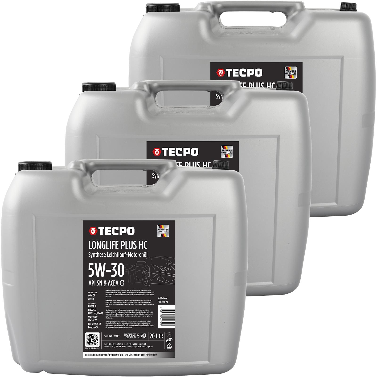 TECPO Motoröl 60 Liter 5W-30 LONGLIFE Plus HC Synthese passend für ACEA C3 / API SN / 504 / 507 / 229.31 / 229.51 / LL-04 / C30 300200-20