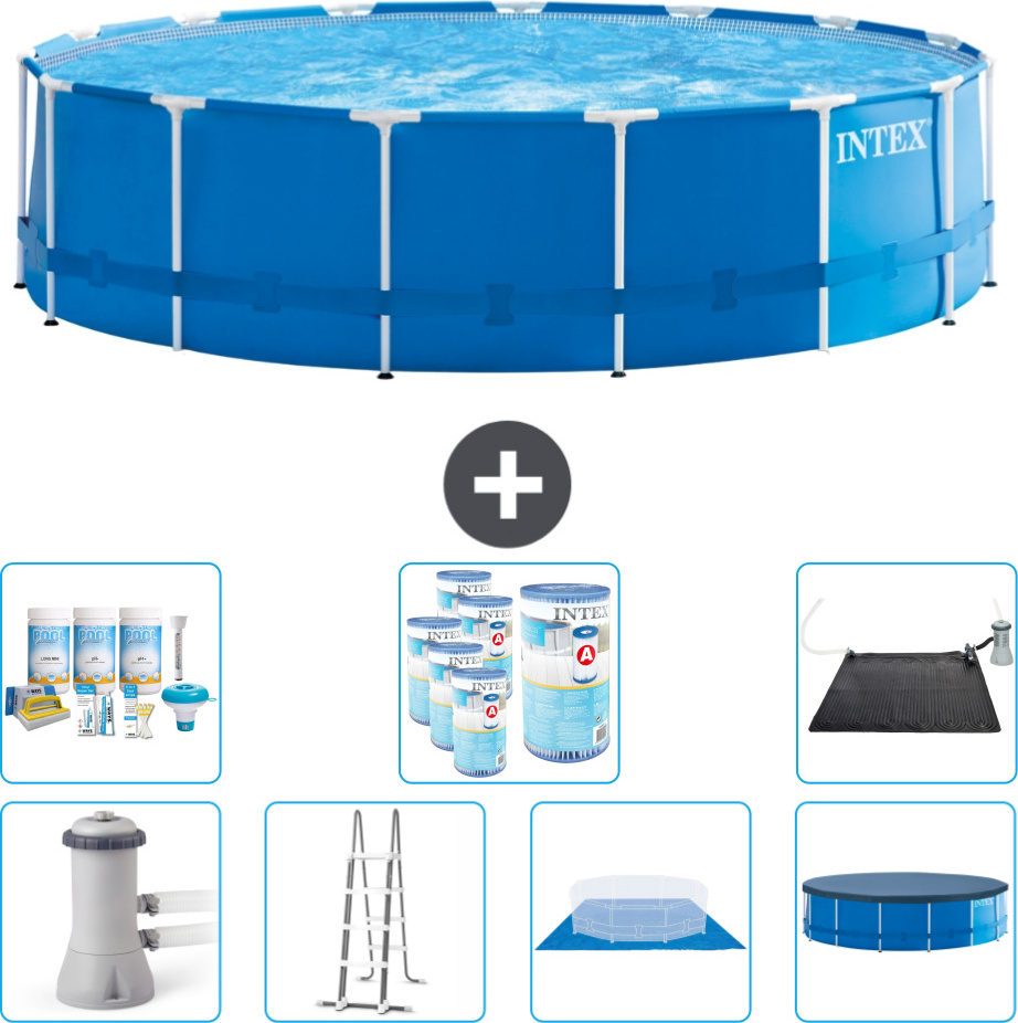 Bazén s okrúhlym rámom Intex - 457 x 122 cm - modrý - vrátane čerpadla - rebríka - krycej plachty - balenia na údržbu - filtra - solárnej podložky