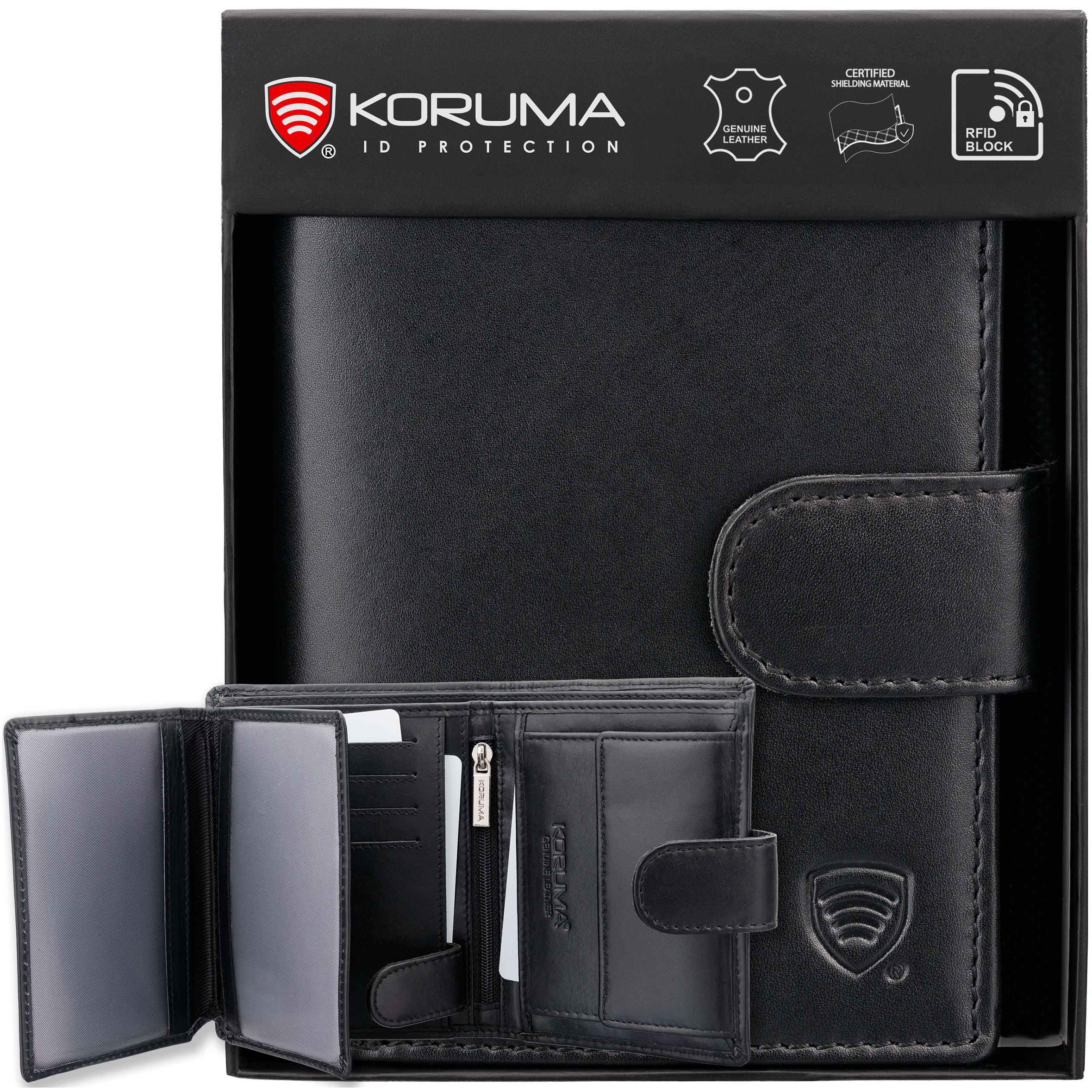 Herren Geldbörse RFID Hochformat Echtleder Schwarz – RFID Schutz – Portemonnaie mit Münzfach, Kartenfächern & Reißverschlussfach / KORUMA® SM-904PBL