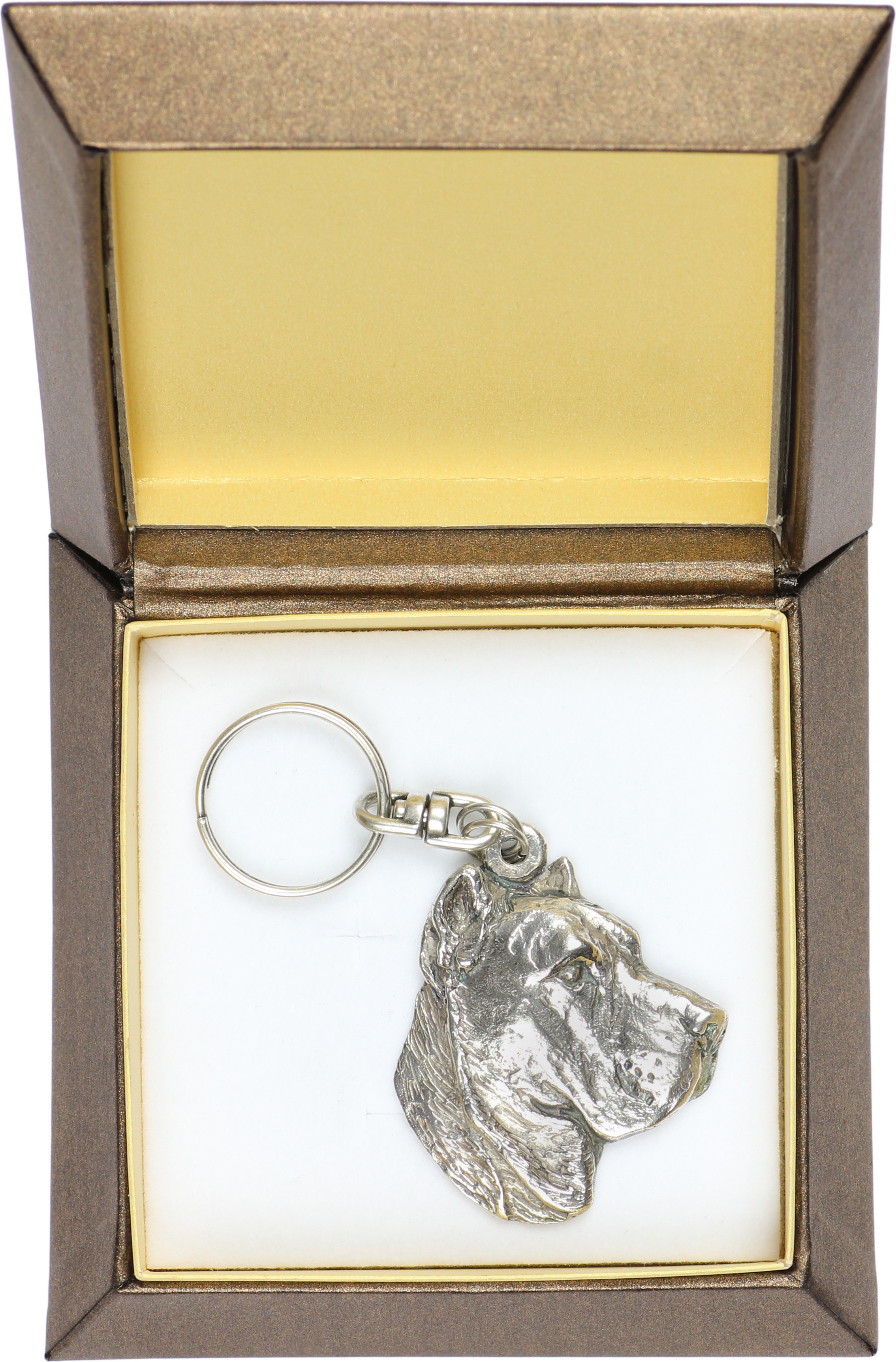 Presa Canario, Kanarische Dogge, Dogo Canario - Versilberter Anhänger mit einem Hund in einer dekorativen Box, Handtaschenschmuck, Rucksackanhänger der Marke Art-Dog