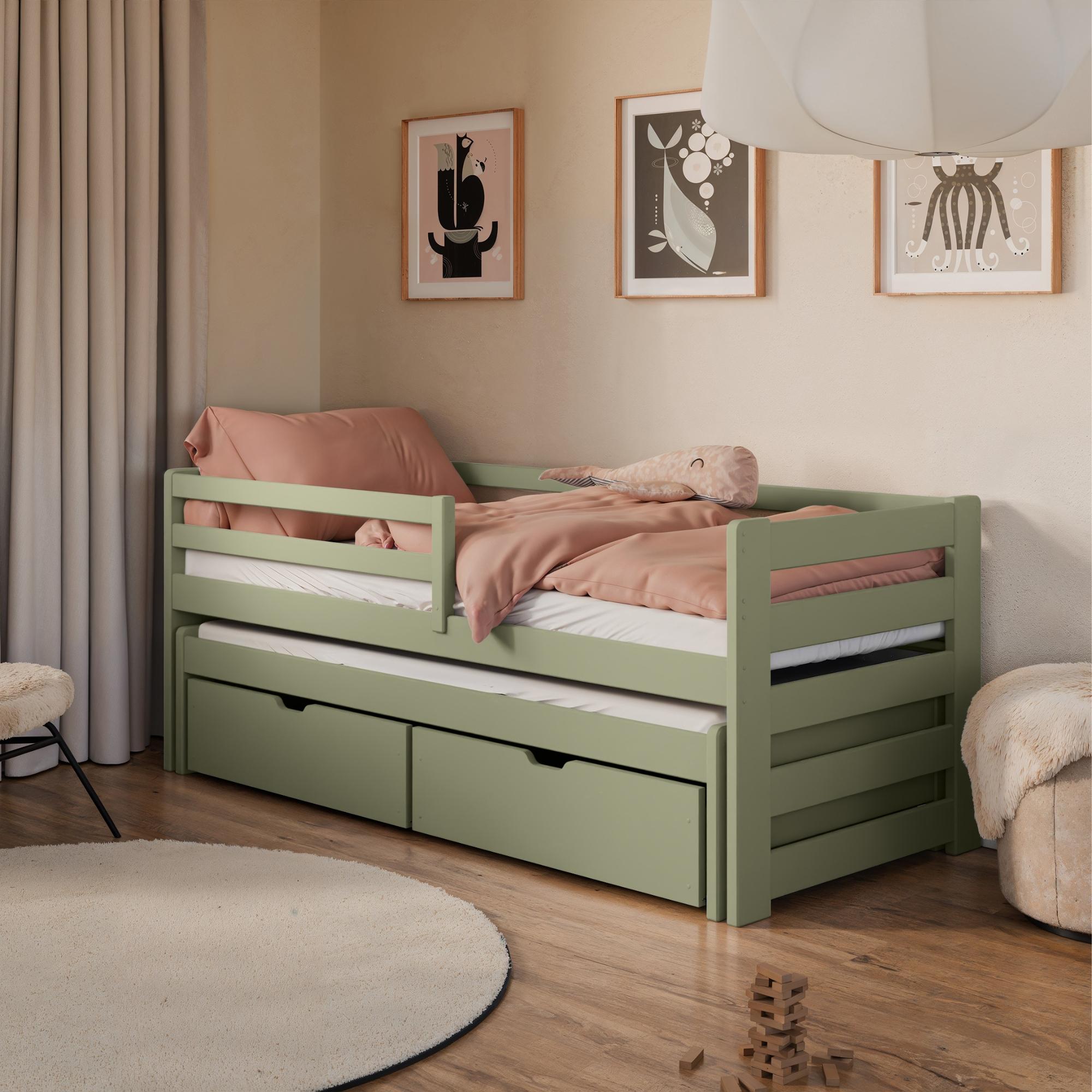 Einzelbett 90x200 cm mit Rausziehbett 90x190 cm mit zwei Schubladen, Rausfallschutz und Lattenrosten, Vollholz massiv in Olivgrün, Kinderbett Funktionsbett | von 4. bis 18. Lebensjahr