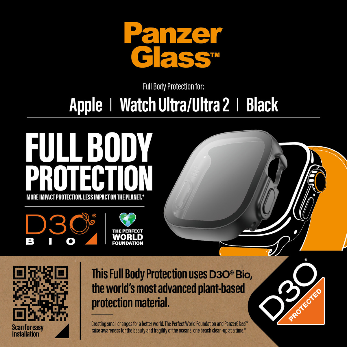PanzerGlass Ochranné sklo na celé telo Apple Watch 2023 49 mm s D3O čierne (3691)
