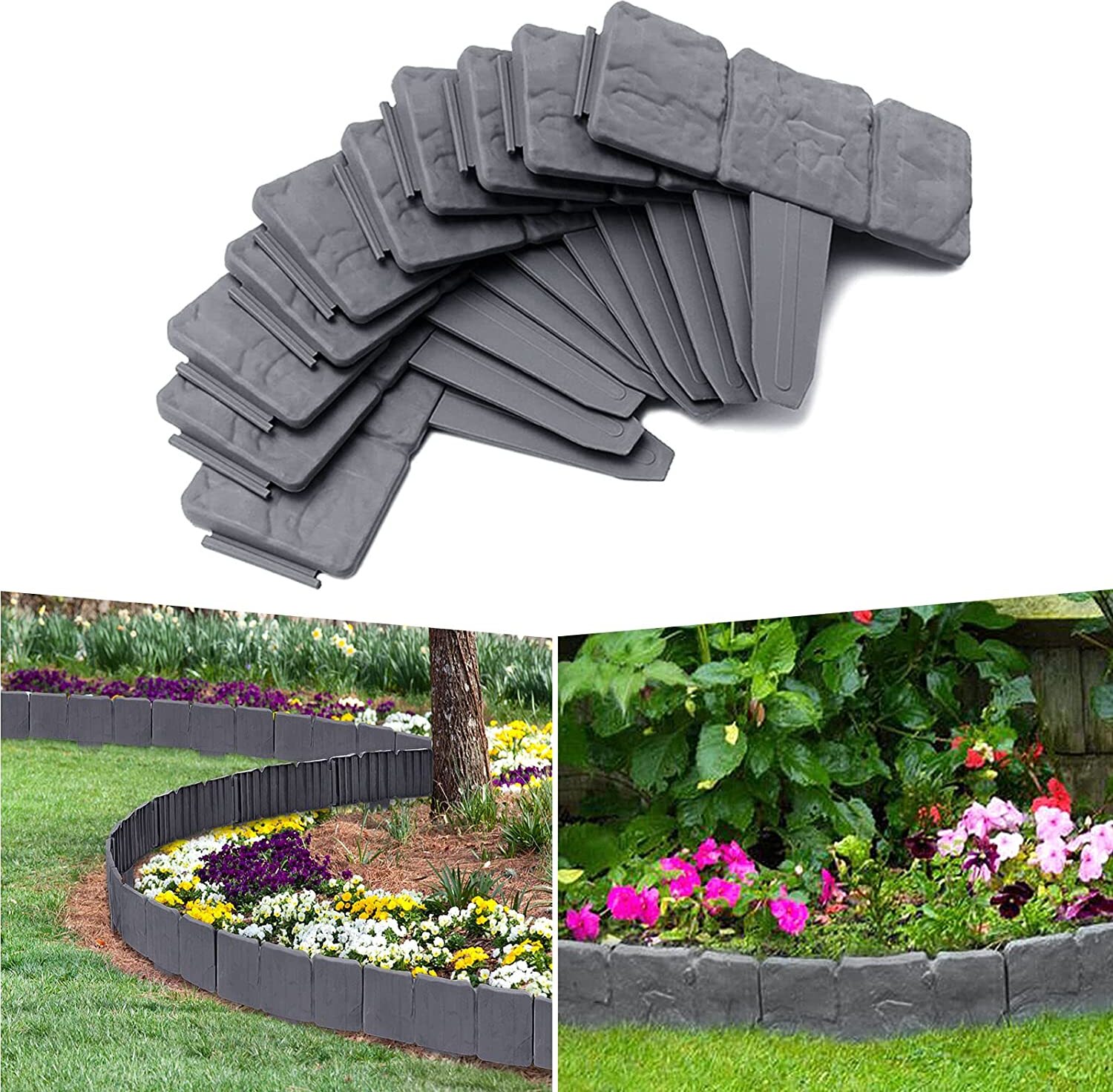 Bordo Per Prato Effetto Pietra YRHome, 15 M (60 Pezzi) In Plastica Resistente, Antracite, Per Aiuole E Giardini