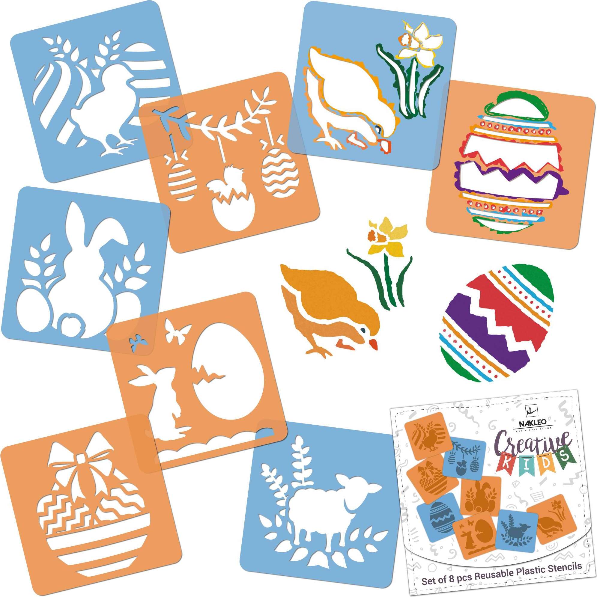 Nakleo Schablonen Malen für Kinder, 8 Stück Set 15x15 cm Ostern, Kinder Kreatives Zeichenschablonen, Kunststoff Wiederverwendbar Malschablone SZA-CRE-016