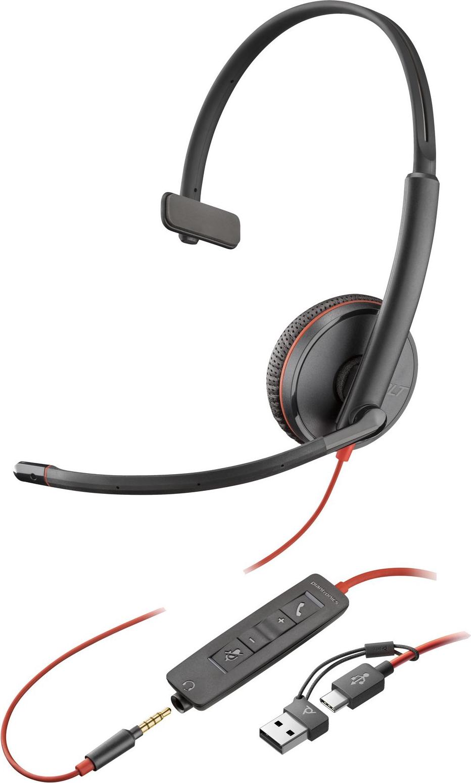 HP Poly Monofónna náhlavná súprava Poly Blackwire 3215 USB-C + 3,5 mm konektor + adaptér USB-C/A (hromadné balenie), Kábel, 20 - 20000 Hz, Kancelária / call centrum, 64 g, Slúchadlá s mikrofónom, Čierna