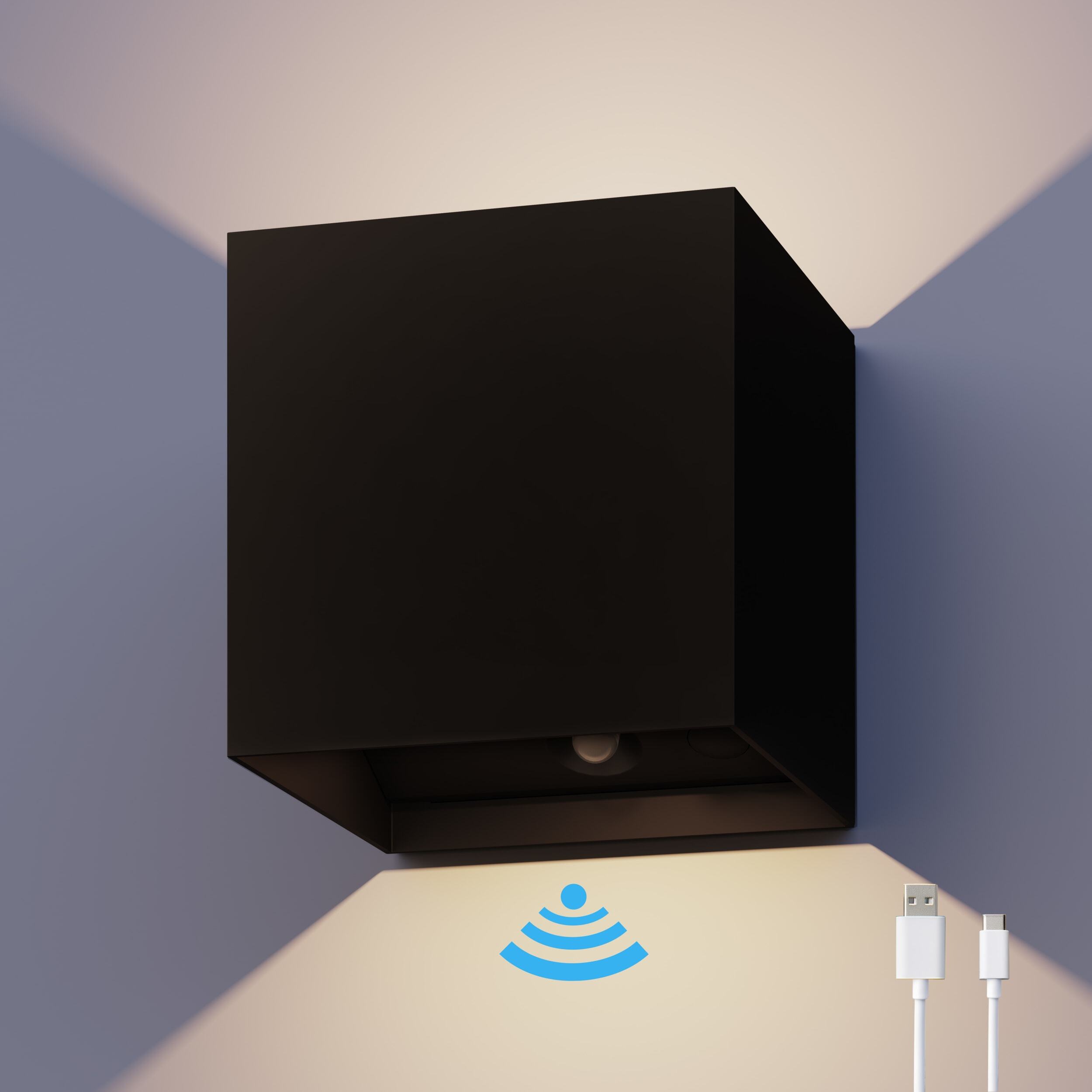 Calex Volterra Wandleuchte, für Außen & Innen, warmweißes Up & Down Licht, Akku aufladbar mit USB-C, kabellos, Bewegungsmelder, wasserdicht, Schwarz 4301002401