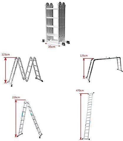 Mehrzweckleiter 470cm, 6 in 1 Multifunktionsleiter Aluminium, Klappleiter mit 2 Rollen und Plattform, 4 x 4 Silber-Klappbare Vielzweckleiter bis 150KG CEEDIR