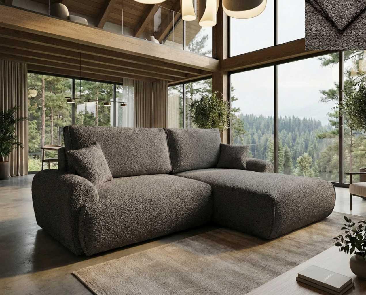 Ecksofa Malvito Nordelo mit Schlaffunktion und Bettkasten, Universal L/R, Stoff ARENA Bouclé - 23 Dunkelgrau, 260 cm