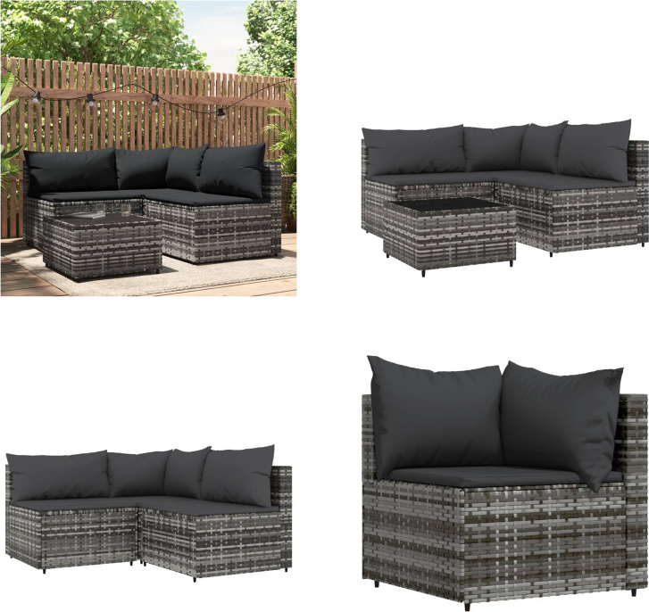 vidaXL 4 tlg. Garten Lounge Set mit Kissen Grau Poly Rattan - Garten Lounge Set - Garten Lounge Sets - Outdoor Lounge Set - Lounge Set Terrasse