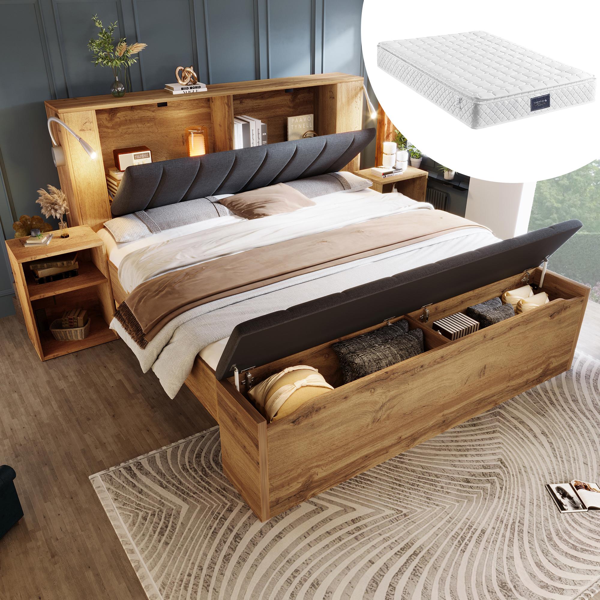 SUCCESS COURIER 160x200 Holzbett Doppelbett-Set mit Matratze, 2 Nachttische & Bettbank mit Stauraum, Leselampe USB, Bettanlage Schlafgemach, Eiche-Optik