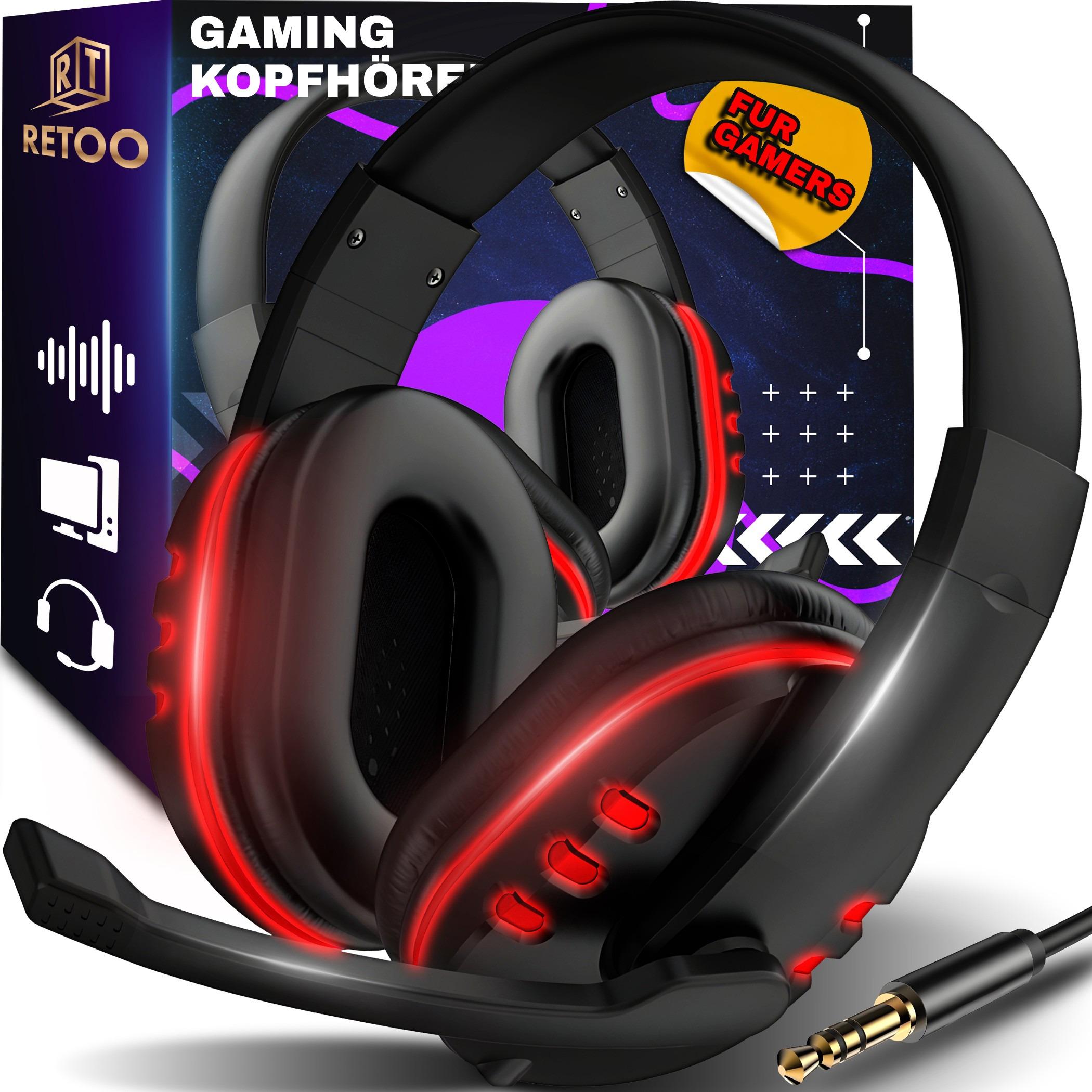 Gaming Headset für PS4 PS5 PC Xbox Computer und Laptop Gamer Headphones Kabelgebundenes mit Mikrofon Kopfhörer Over-Ear Stecker 3.5 mm Rot Retoo E939