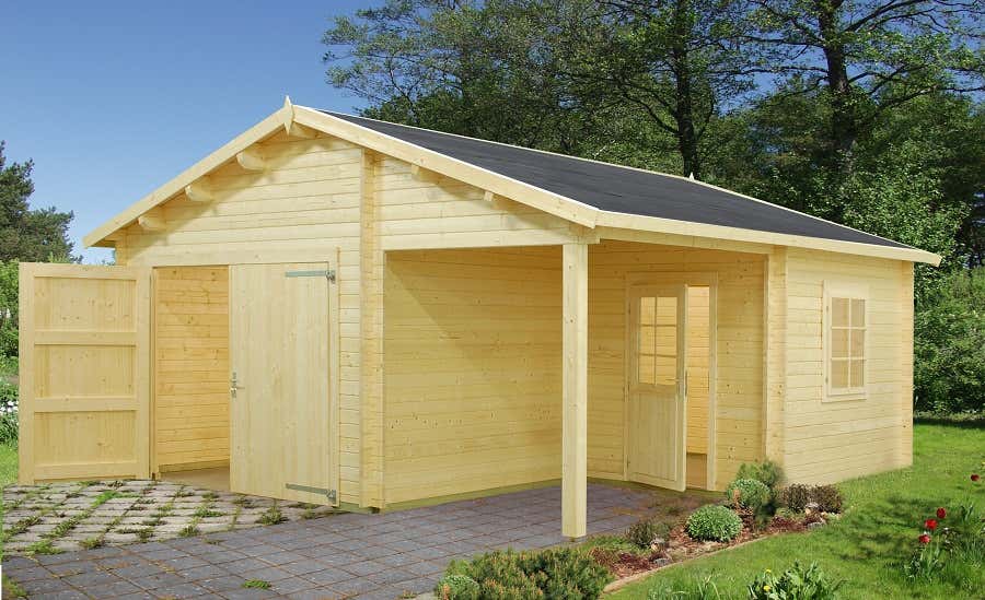 Palmako Holzgarage Roger 21,9 + 5,2 m² aus Holz Garage mit 44 mm Wandstärke Unterstellplatz Fußboden ohne Fertiggarage 28.05 m² Satteldach P1.1.00013.0