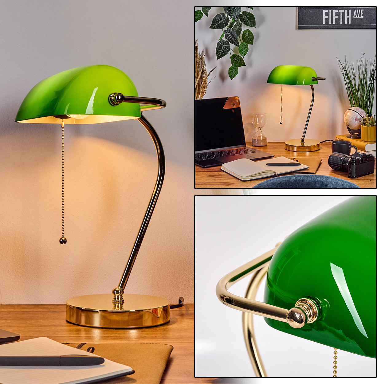 hofstein Codogno Tischlampe aus Metall/Glas in Messing/Grün/Weiß mit Zugnschnur, E27 H3918739