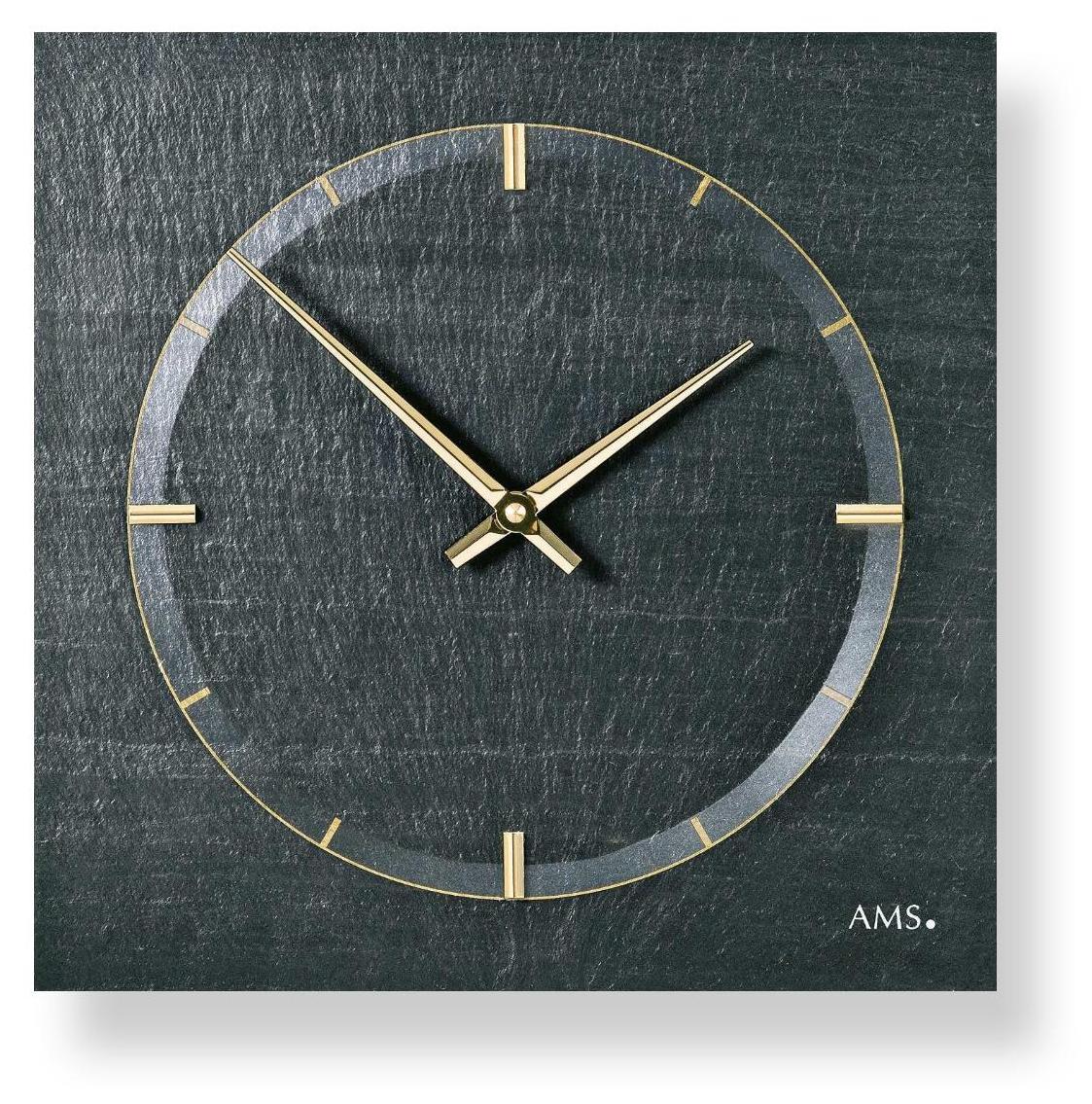 AMS 9516 Wanduhr Quarz Schiefer Naturschiefer Schieferuhr golden 47544
