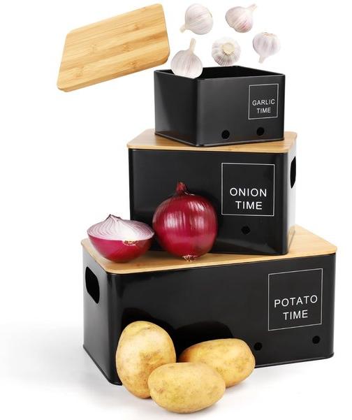 OEM Gartenkochboxen [Set von 3] - Kartoffel-, Zwiebel- und Knoblauchkochboxen mit Lüftungsgittern - Hält Gemüse länger frisch - Kartoffel-, Zwiebel- und Knoblauchkochboxen - Schwarz 2026