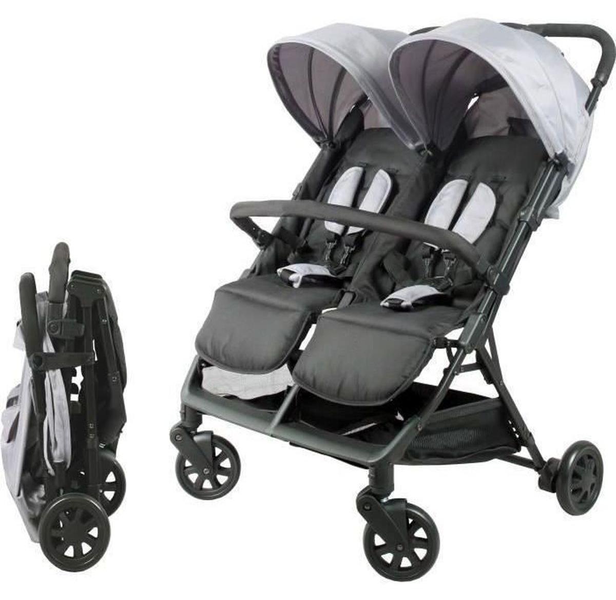 Bambisol DS209 GRAU SCHWARZ – Zwillingskinderwagen (nebeneinander) | Für Zwillinge ab Geburt. Ultrakompakt zusammenklappbar | Schwarz Grau DS2096GN