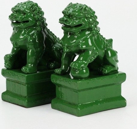 Fine Asianliving čínske Fu Dogs Temple Guardian Lions Green Set/2 Porcelánová ručná výroba Š6xH8xV15cm