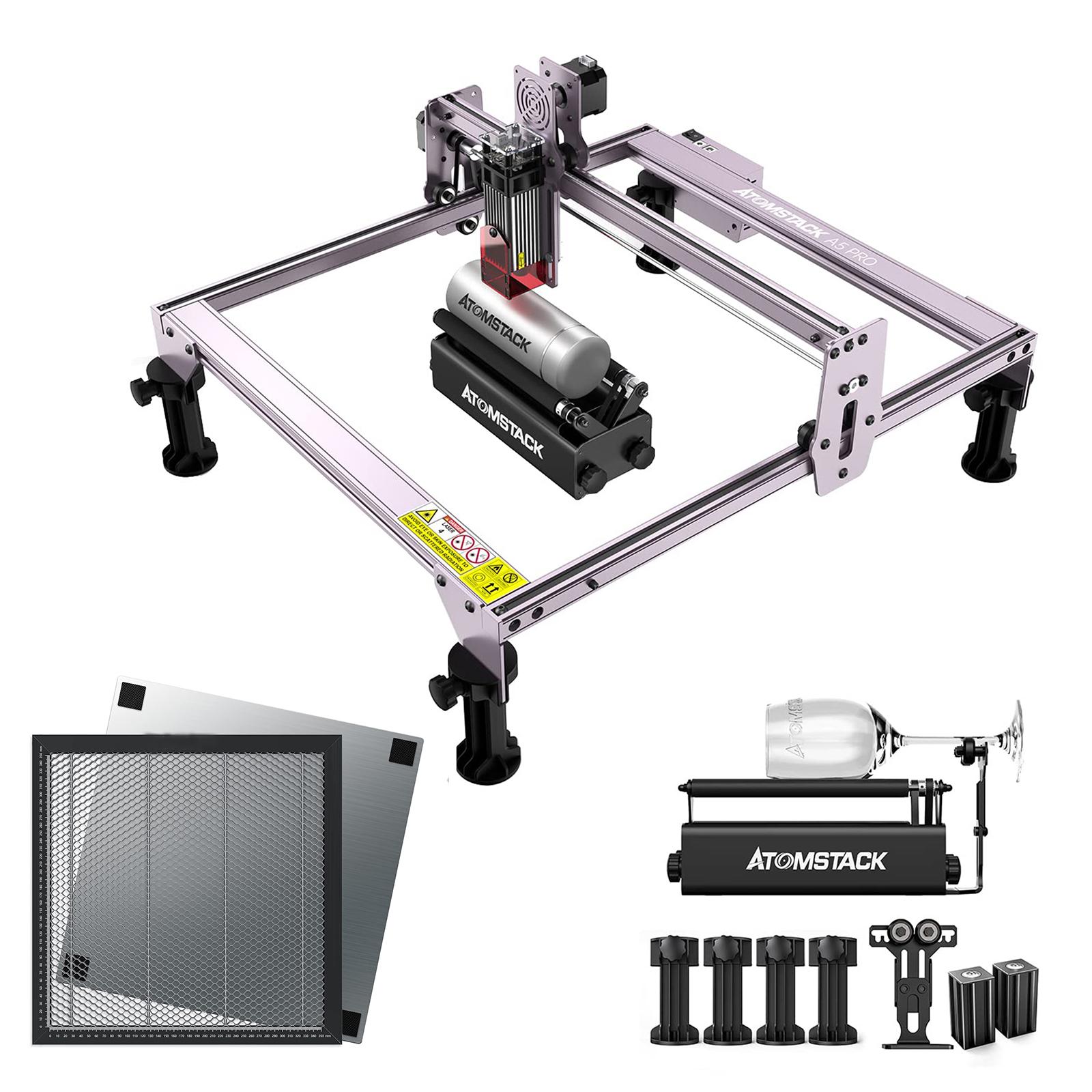 Atomstack ATOM STACK A5 Pro Maschine - 5.5W Output Cutter mit R3 Pro Roller Set und Wabenarbeitstisch Pro 400*400*22mm