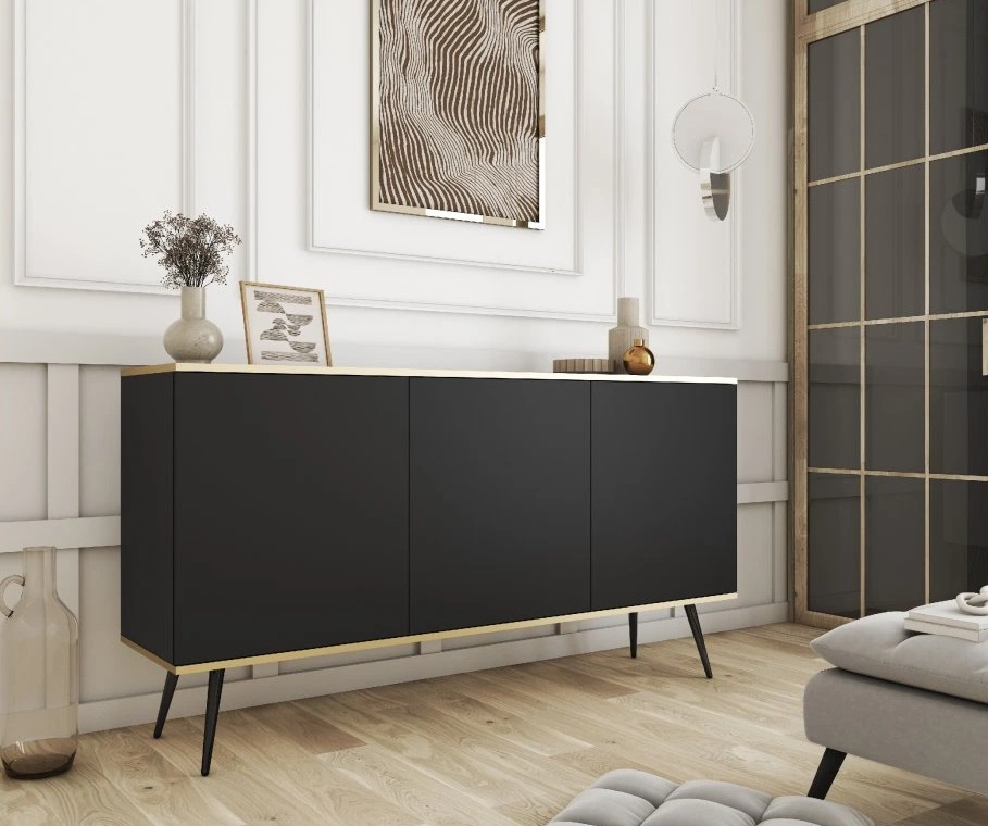 VENETI Breite Kommode mit Türen JENY 1 – schwarz/gold/schwarze Beine 051-10-00143