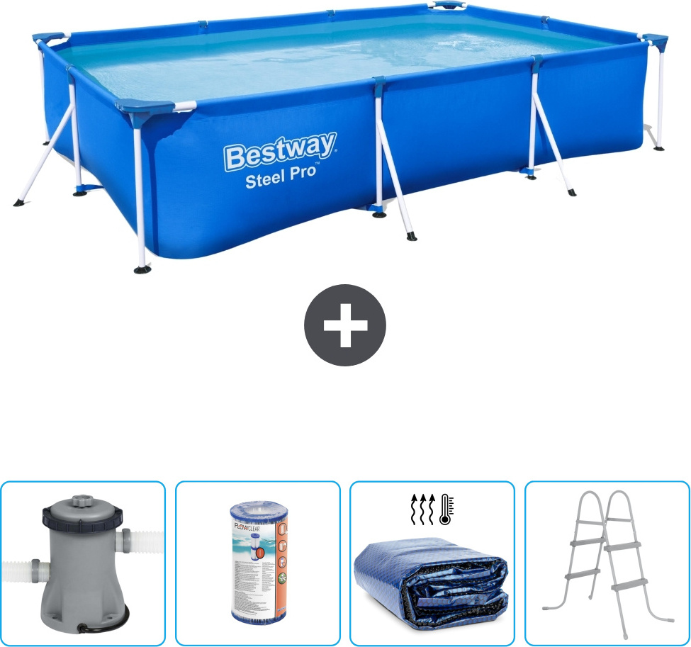 Obdĺžnikový bazén Bestway Steel Pro - 300 x 201 x 66 cm - modrý - vrátane čerpadla Filter - slnečná plachta - rebrík