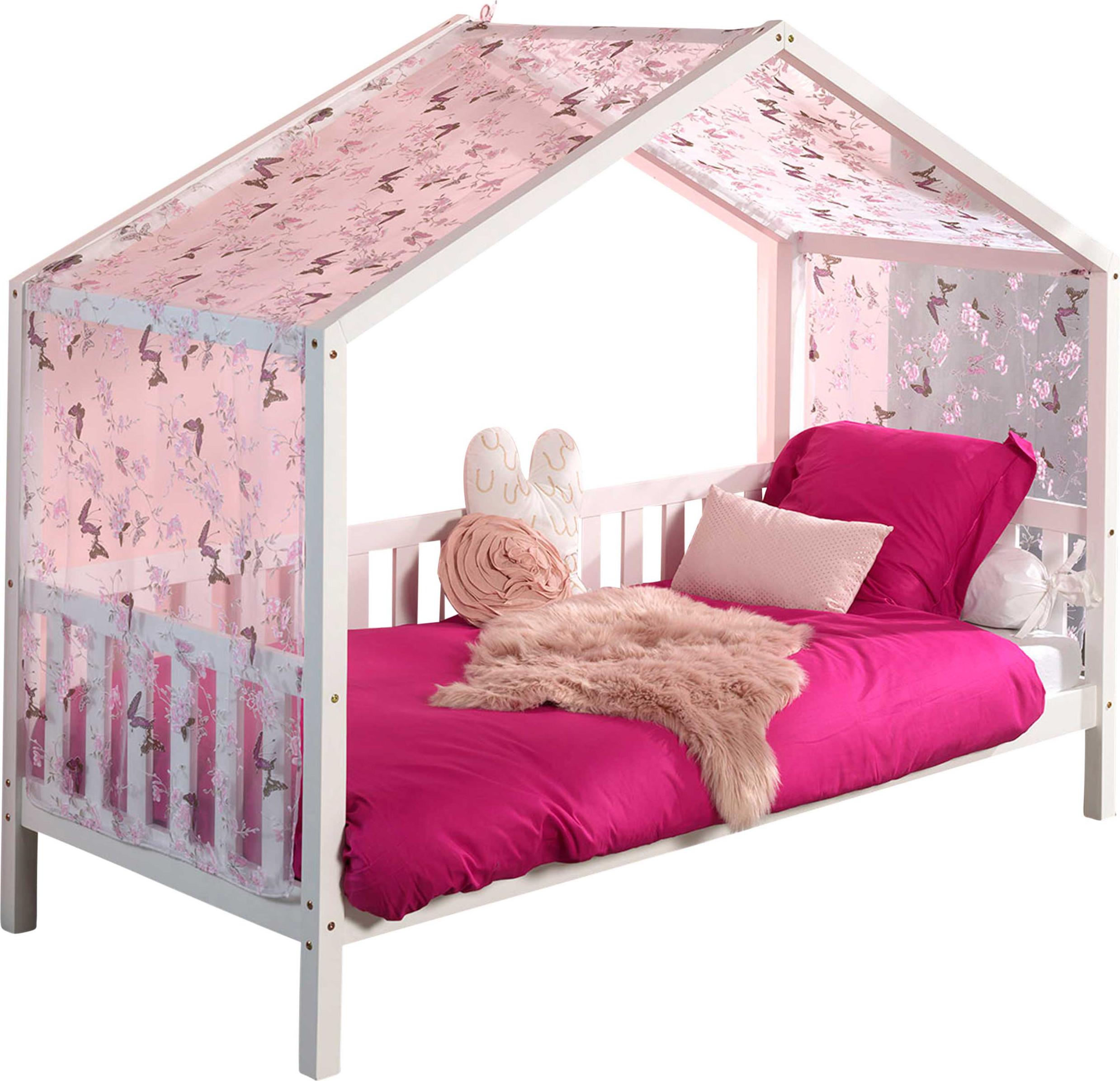 Hausbett Dallas 2 90x200 mit Bettkasten und Voile mit Schmetterlingsmuster - weiß/rosa