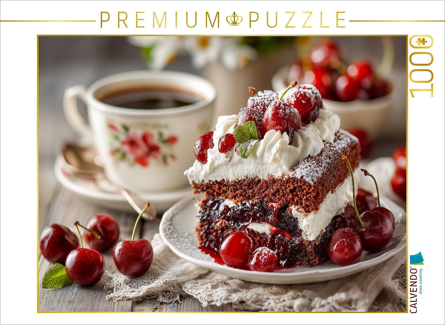 CALVENDO Puzzle Schwarzwälder Kirschtorte Bild mit Kirschen und Kaffee | 1000 Teile Lege-Größe 64x48cm Foto-Puzzle für glückliche Stunden