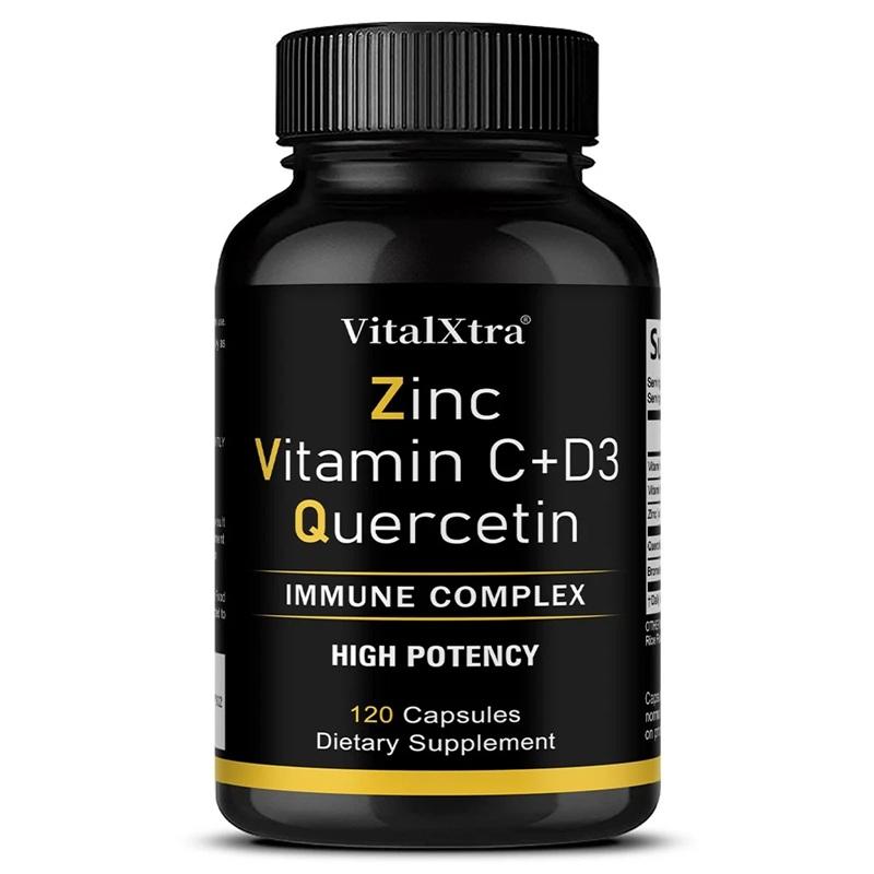 VitalXtra Zinc, Quercetin + Vitamin C+D3 (120 Kapseln) Nahrungsergänzungsmittel, Immunsystem, Knochengesundheit, Gelenkgesundheit, Muskelgesundheit