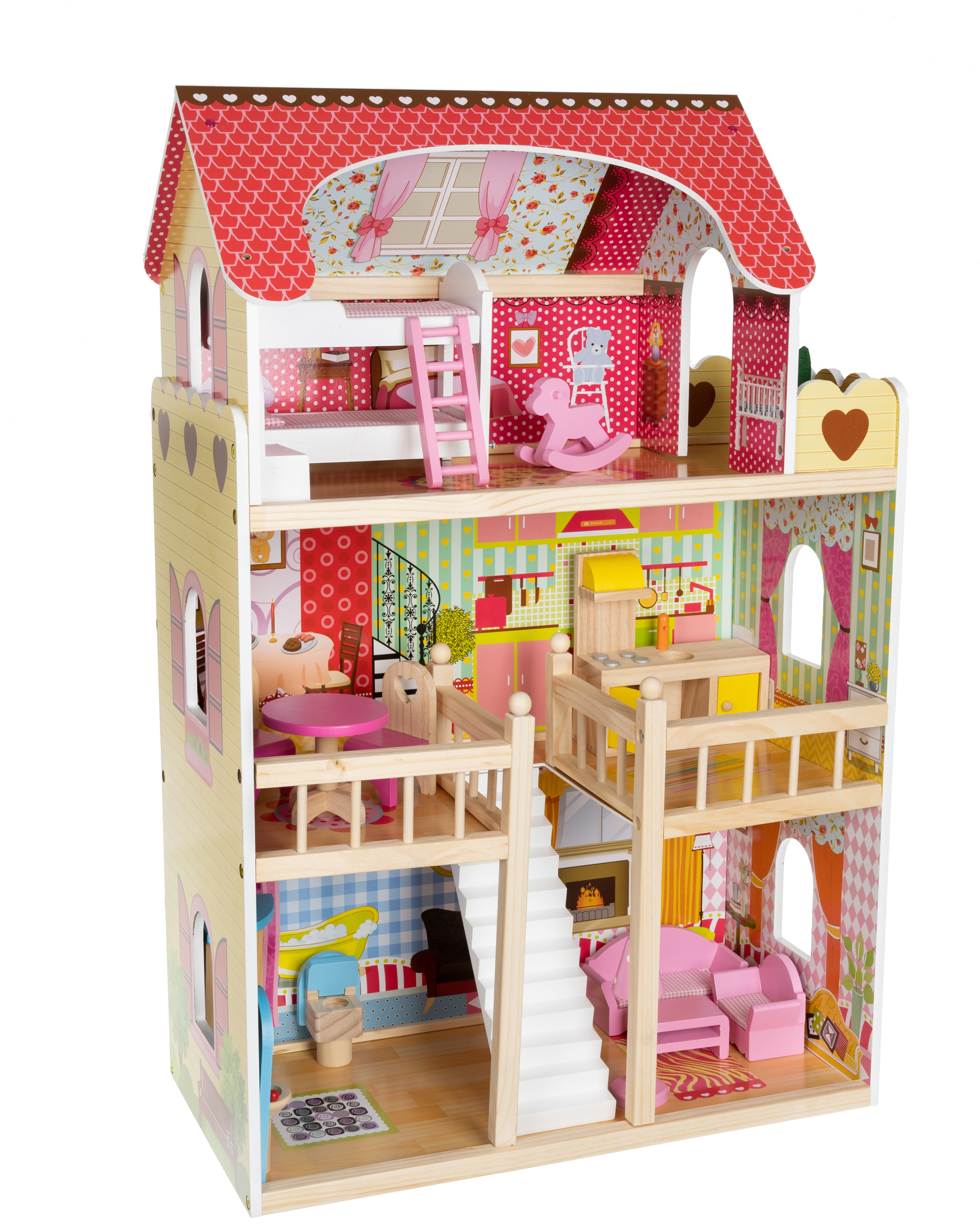 Puppenhaus aus Holz 2 Etagen mit Möbel Zubehör Spielhaus Puppenvilla  （DE） 