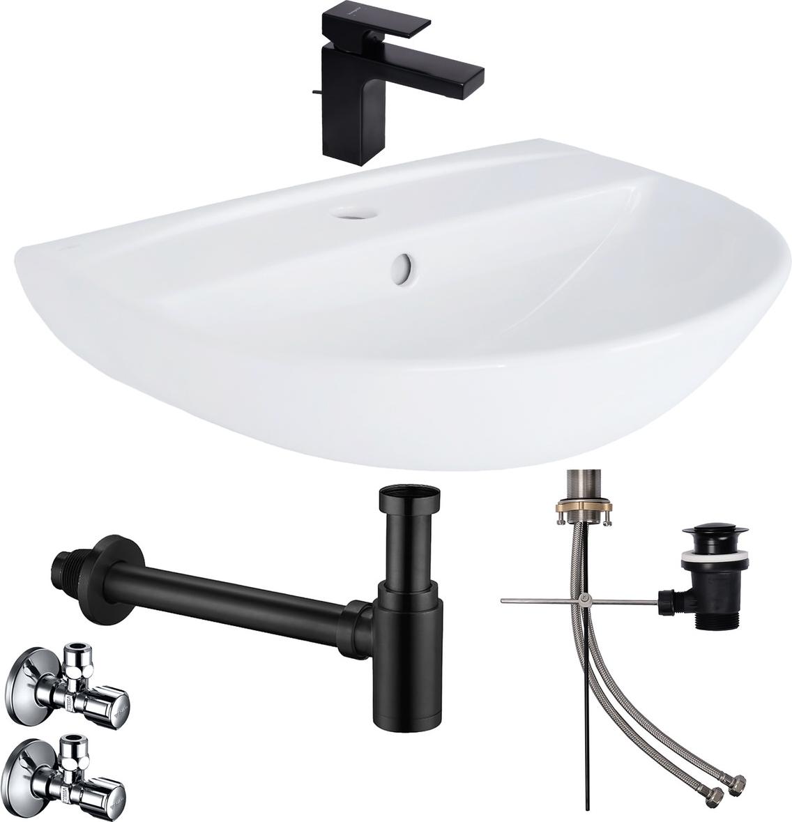 Waschbecken Komplettset Tulpe 50 cm mit Hansgrohe Armatur Ablaufgarnitur schwarz und Siphon + Schell Eckventil
