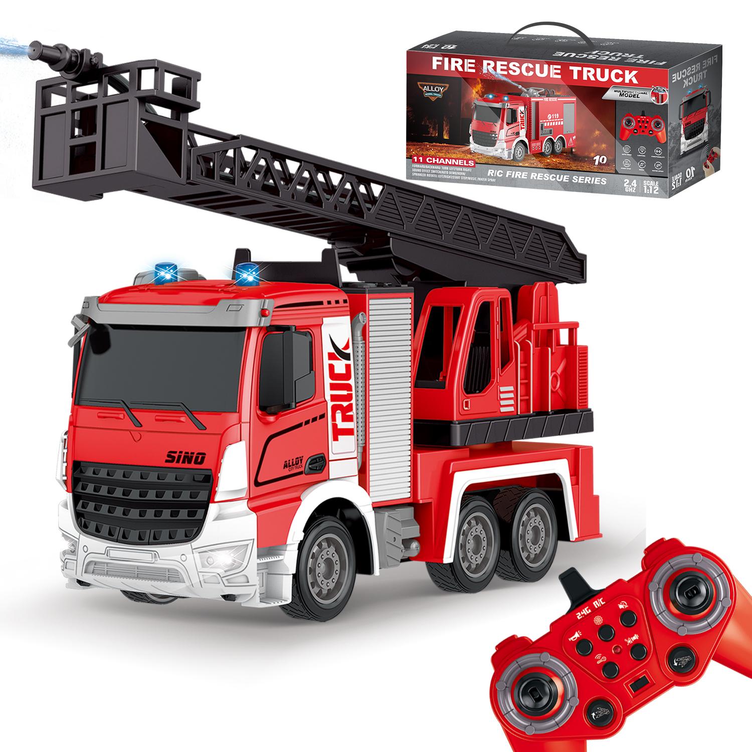 PENGBU RC RC-Auto Spielzeug Feuerwehrauto, Feuerwehr Auto mit Drehleiter, Spritzfunktion