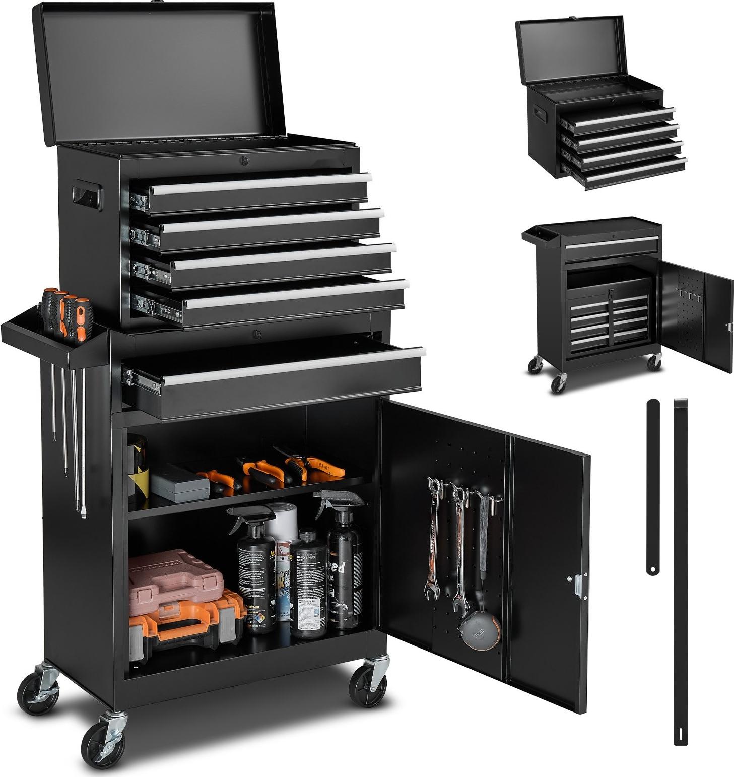 Werkstattwagen - 2-in-1 Werkzeugwagen - 5 Schubladen - Abnehmbarer Werkzeugkasten aus Metall - Verriegelungsstange - Schutzeinlagen - Werkzeugablage