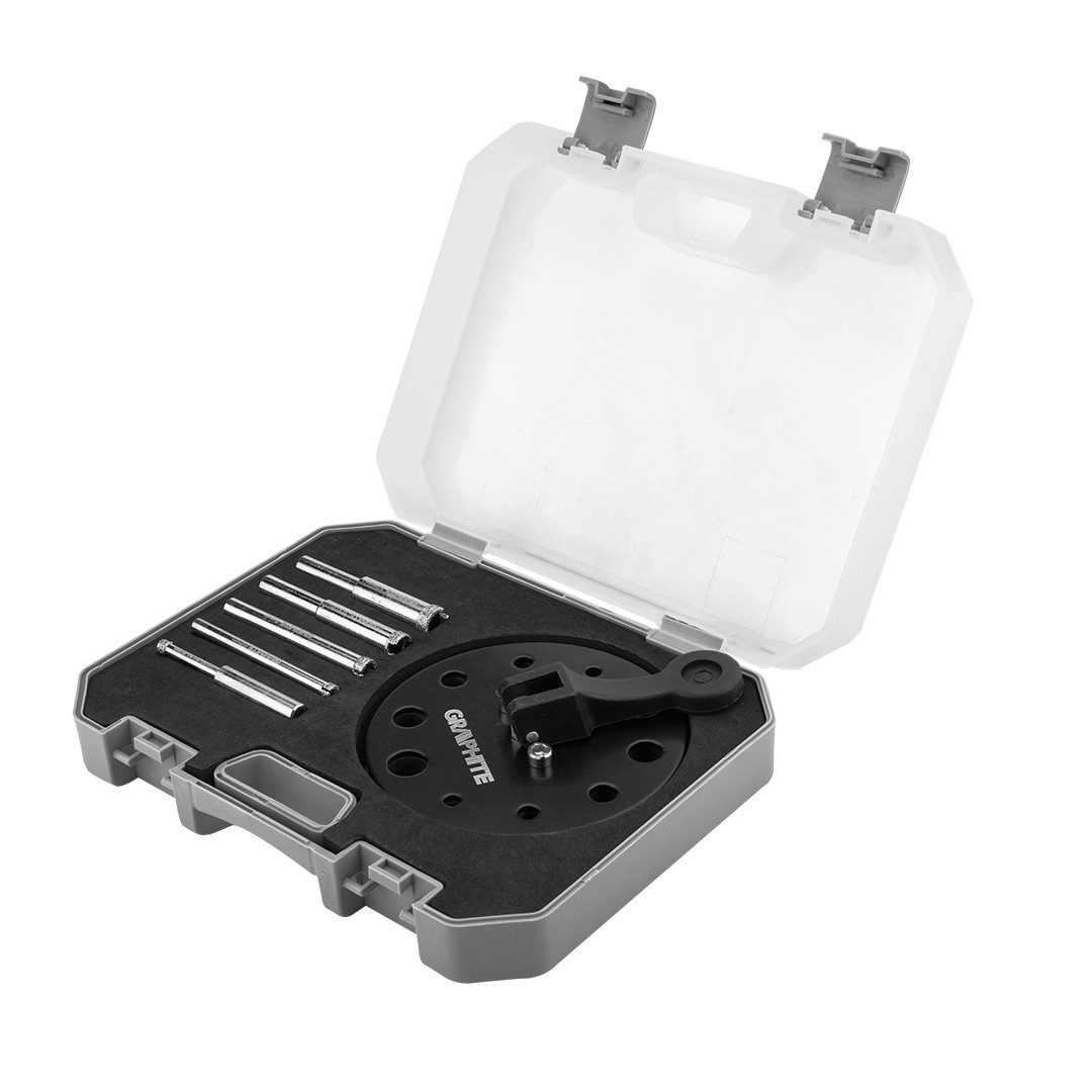 GRAPHITE Diamantbohrer x 5 Stück: 5, 6, 8, 10, 12 mm, Diamantkorn 50/60K. Bohrerführung mit Saugnapf, 10 Löcher: 2x5 mm, 2x6 mm, 2x8 mm, 2x10 mm, 2x12 mm, Kühlung empfohlen, Satz mit 6 Stück 55H541