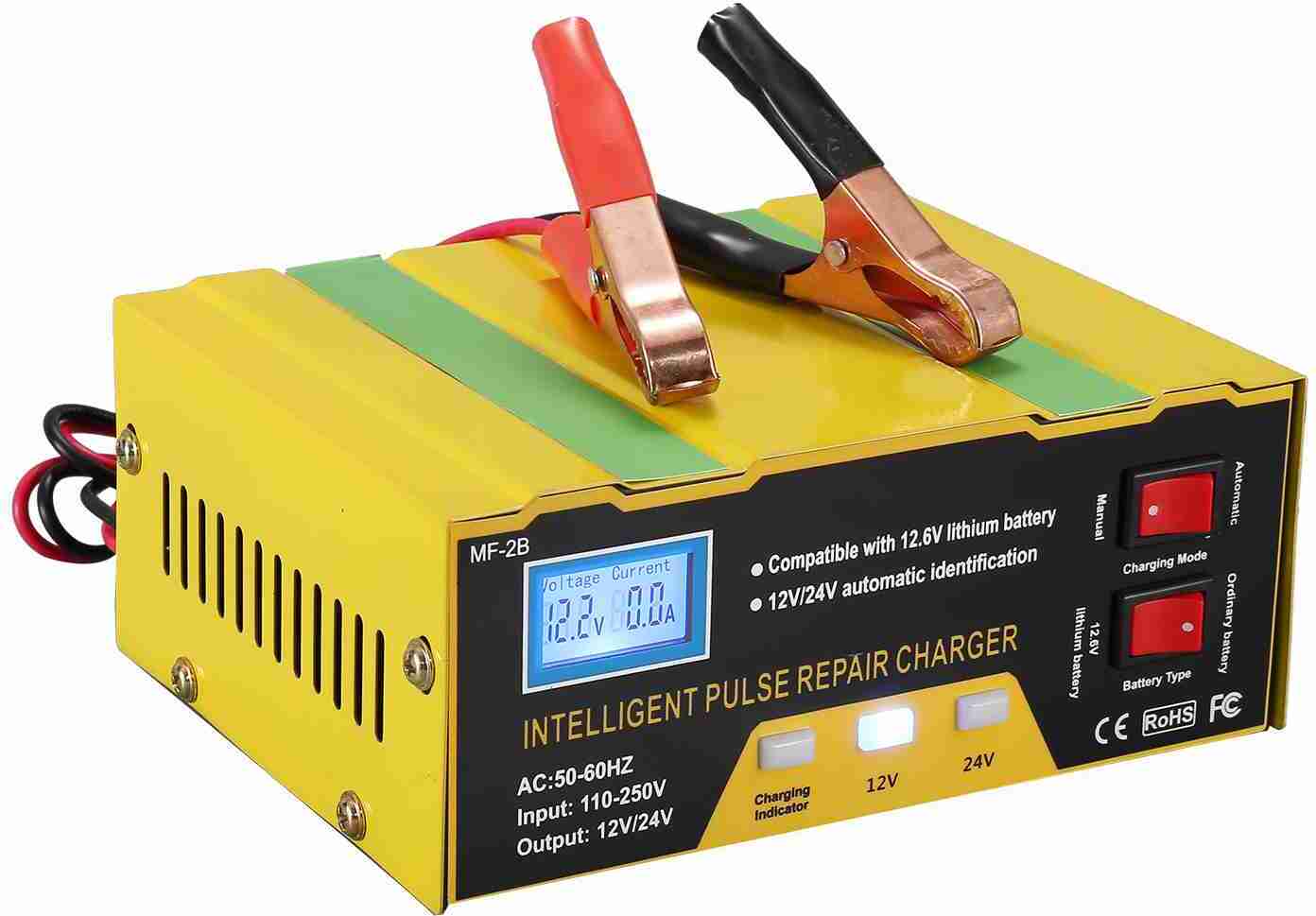 12V/24V nabíjačka batérií Inteligentná impulzná nabíjačka s digitálnym displejom pre autobatérie motocyklov EÚ zástrčka