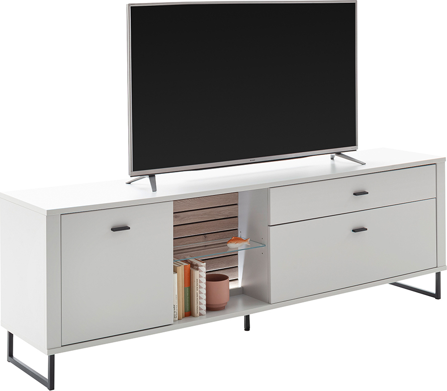 Lomadox Lowboard 210cm, weiß mit Eiche-Lamellen, LAUREANA-05, mit Beleuchtung LA05-LAUREANA-05-SET7