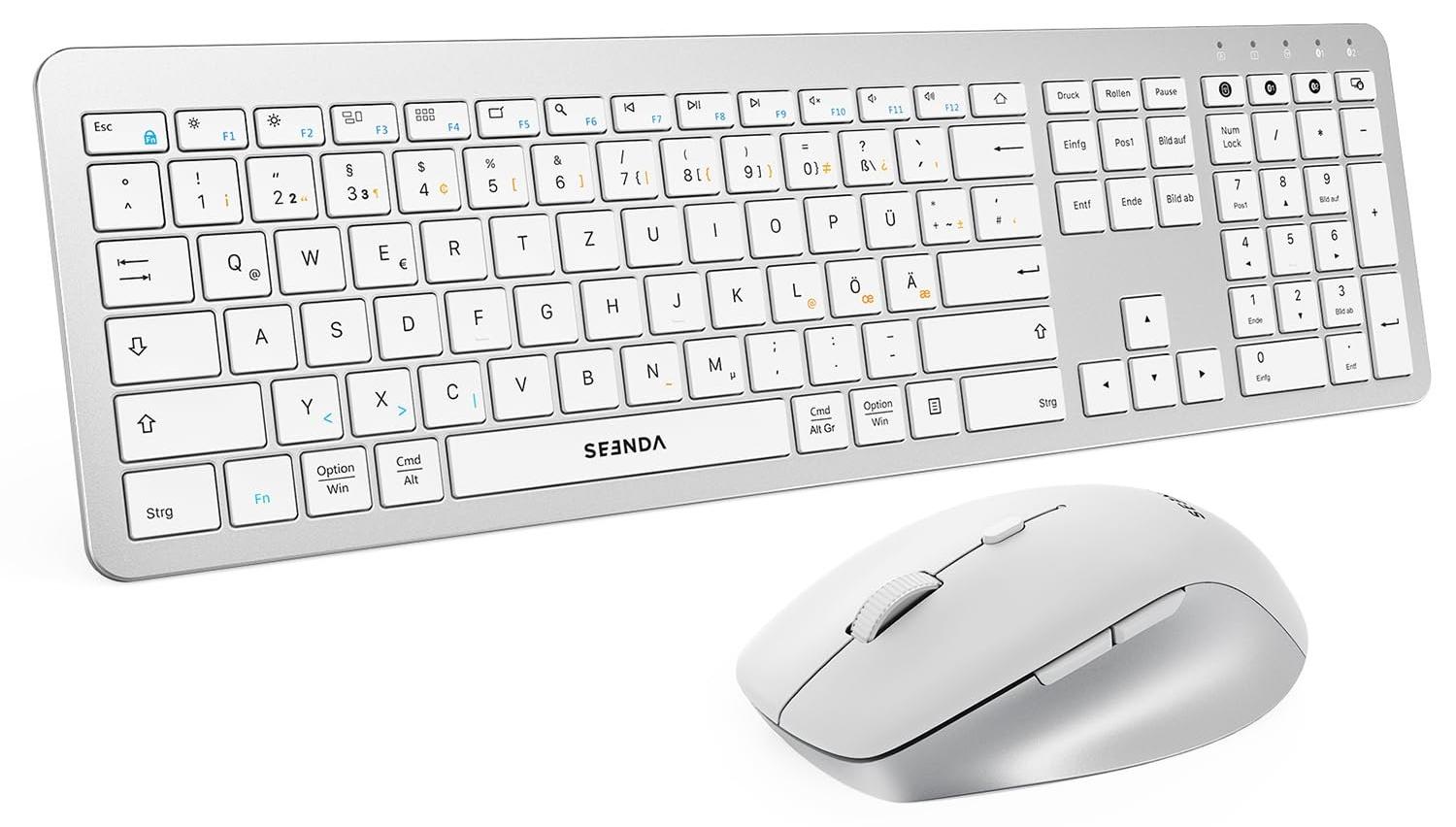 seenda Tastatur Maus Set Kabellos 3 Geräte QWERTZ Weiß und Silber COE300