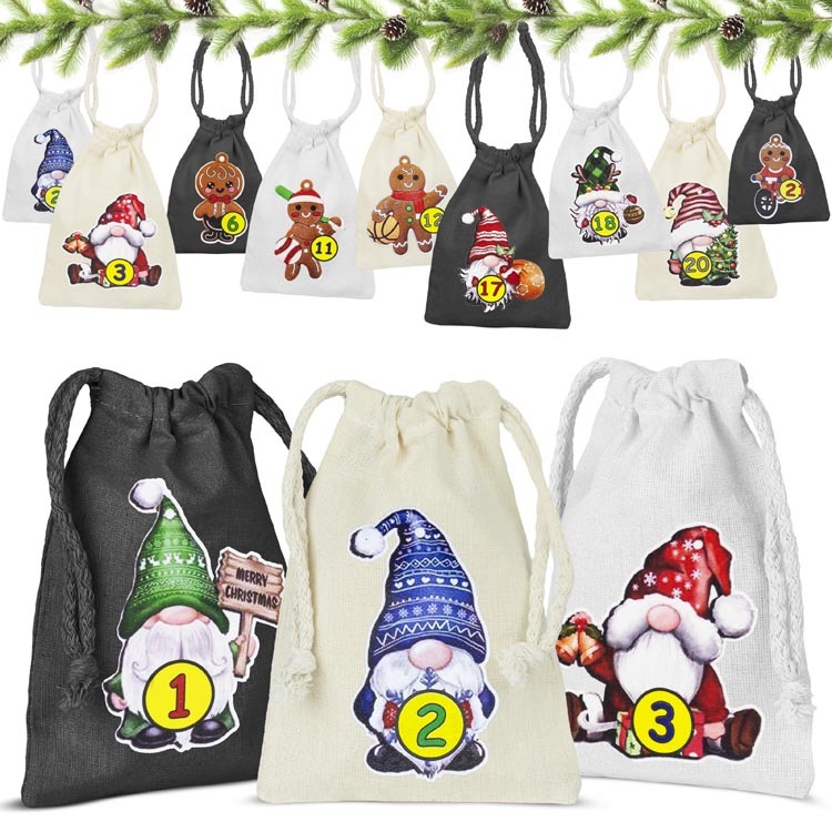 Vianočný adventný kalendár, bavlnené tašky, na darčeky