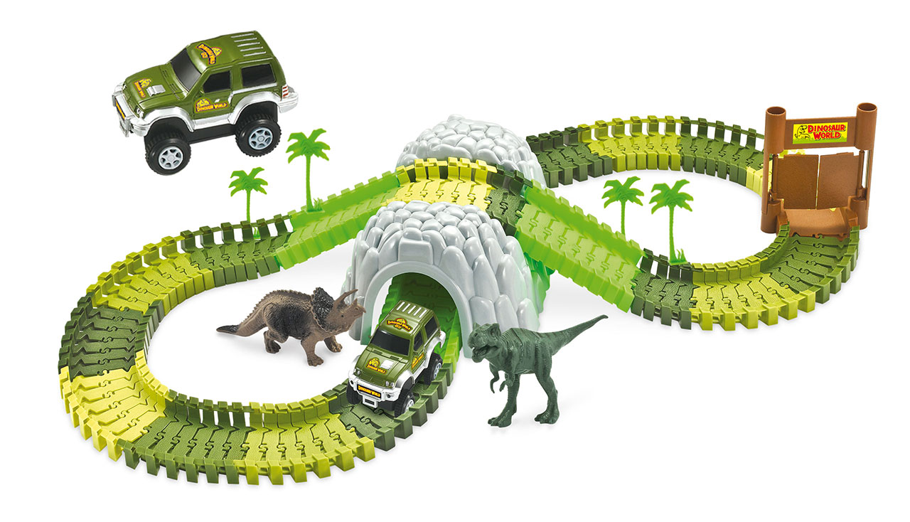 174 STK Dinosaurier Rennstrecke Set mit 14 Dinosaurs und 2 Auto für Kind 
